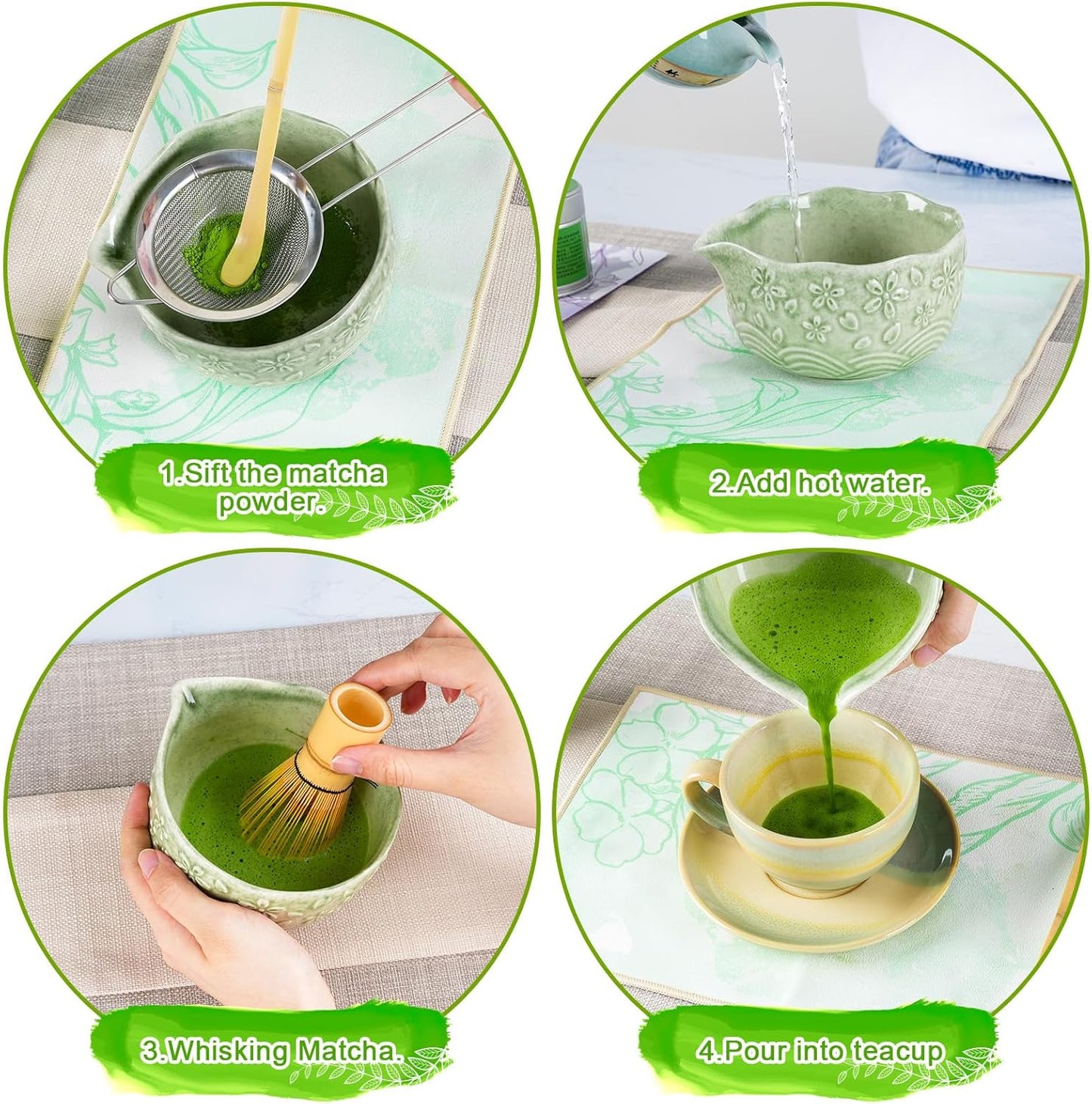 Matcha Whisk Set, Matcha Set 7 Pieces - Ceramic Matcha Bowl with Spout, Bamboo Chasen Whisk & Holder, Scoop, Sifter, Tea Towel - Complete Kit for Matcha Tea Ceremony, Latte, Ideal Gift(Mottled Green)