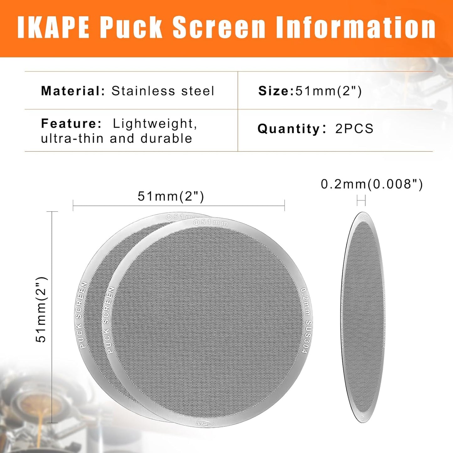 IKAPE 51mm 2pc Espresso Puck Screen, 0.2mm Thickness, Reusable Metal Ultra-thin & Ultra-light Coffee Filters, Food-grade 316 Stainless Steel Coffee Puck Screen for Espresso Baristas