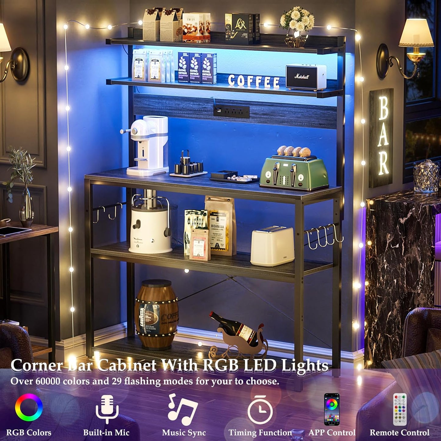 Aheaplus Bakers Rack with Power Outlet, Microwave Stand, 5 Tiers Coffee Bar Station with Led Lights, Kitchen Storage Shelf with 6 S-Shaped Hooks, Kitchen Rack Coffee Bar Stand, Grey Oak