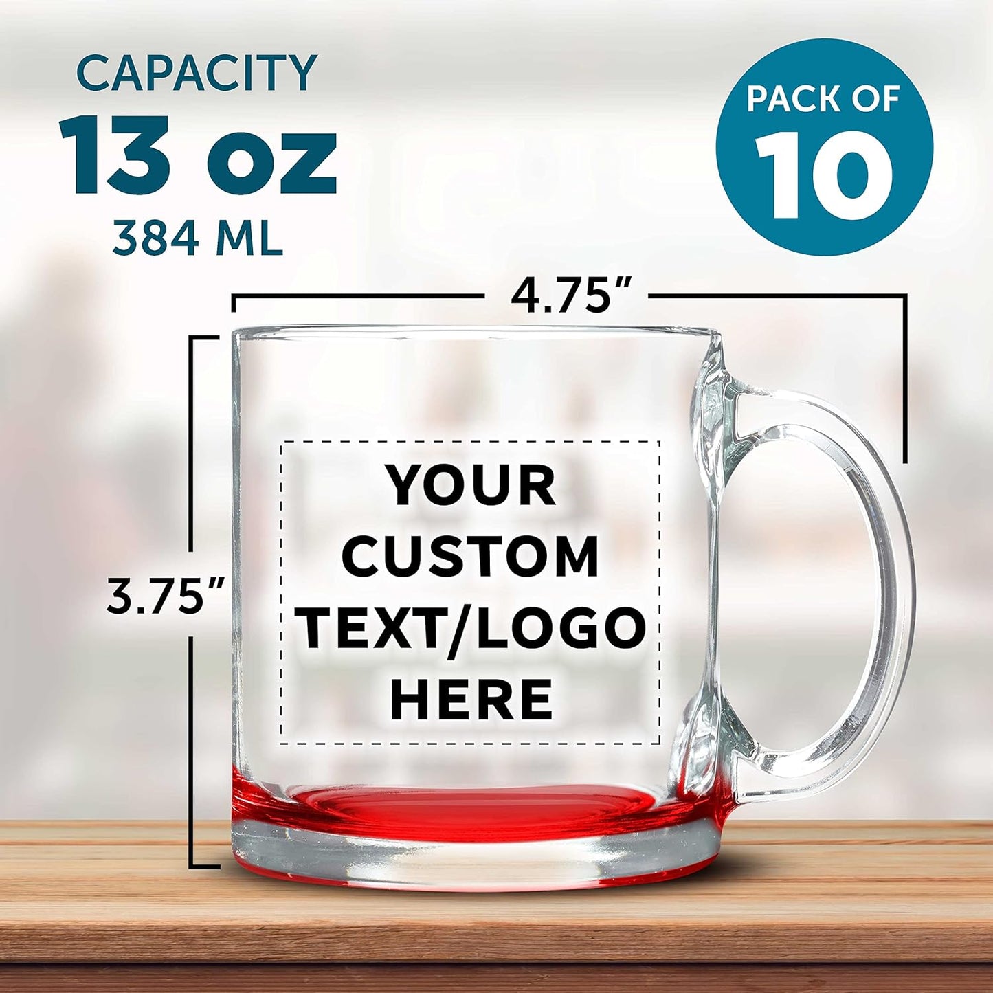 Custom Libbey Clear Glass Coffee Mugs 13 oz. Set of 10, Personalized Bulk Pack - Perfect for Coffee, Tea, Espresso, Hot Cocoa, Other Beverages - Red Bottom