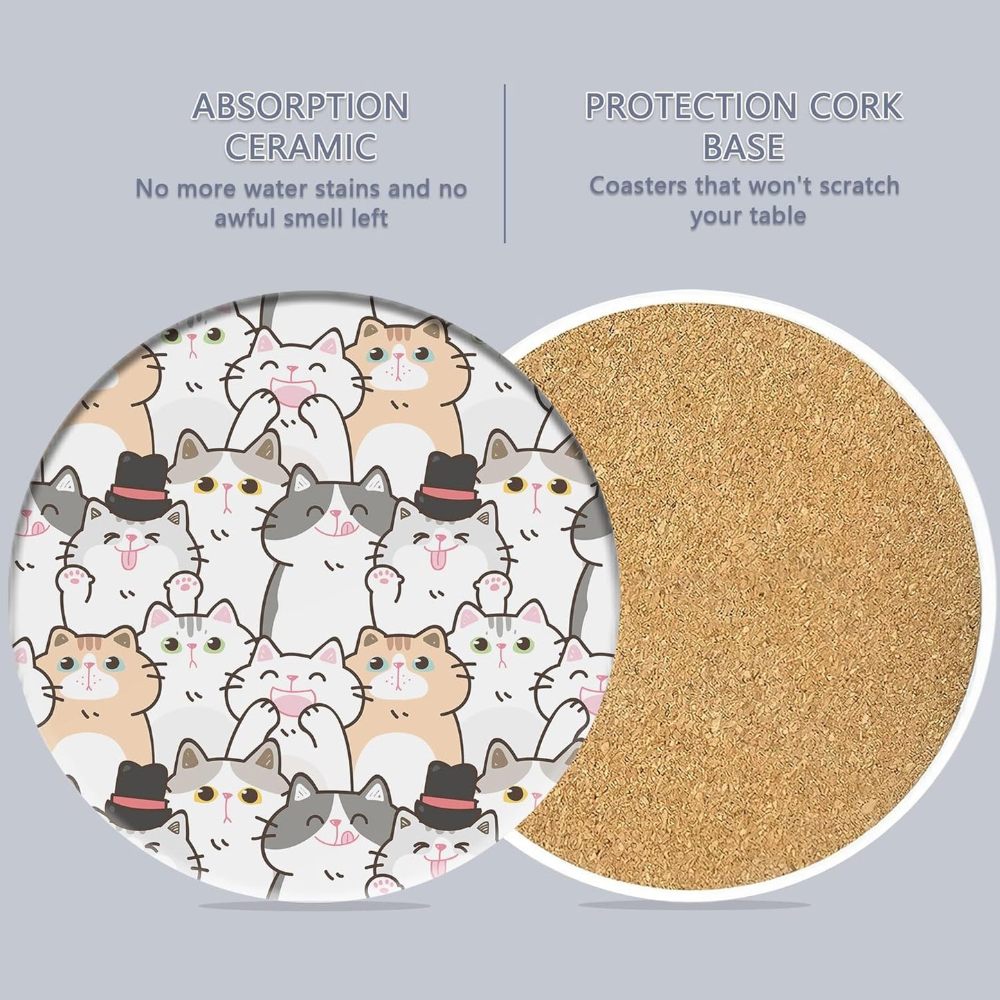 Drink Coasters Set of 6 with Holder, Cute Cats Absorbent Ceramic Coasters with Cork Base,Fit All Cups,Great Gift for Housewarming,Room Decor,Bar,Holiday Party