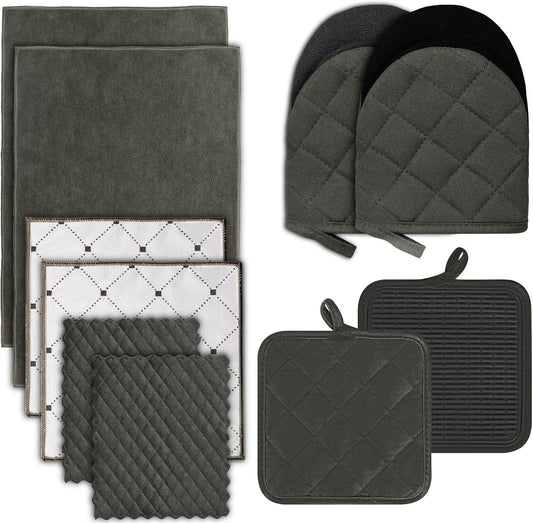 Oven Mitts & Pot Holders Pad and Towel Set, 10-Piece Cute Kitchen Starter Set, Short Oven Mitts, Towels & Dish Cloths for Grilling, Baking, Barbecue