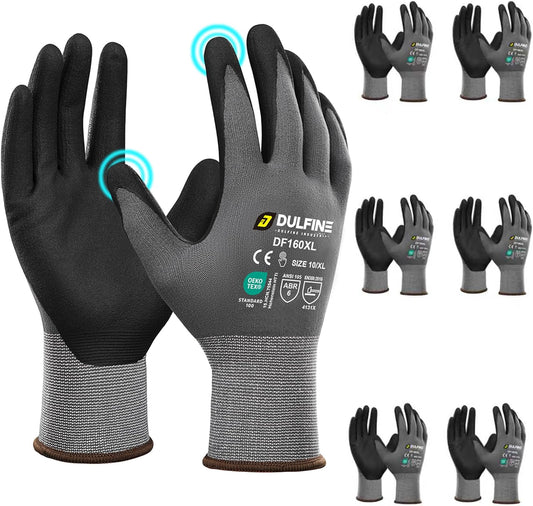 DULFINE Safety Work Gloves MicroFoam Nitrile Coated-6 Pairs Pack,Seamless Knit Nylon Glove with Black Micro-Foam Nitrile Grip,Ideal for General Purpose,Automotive,Home Improvement,Painting(XX-Large)