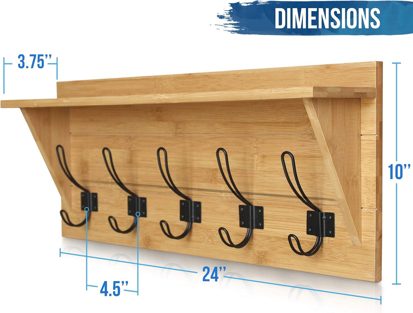 HBCY Creations Rustic Wall Mounted Coat Rack with Shelf - Solid Wood 24" Entryway Shelf with 5 Coat Hangers. Perfect Touch for Your Entryway, Mudroom, Kitchen, Bathroom and More, Bamboo