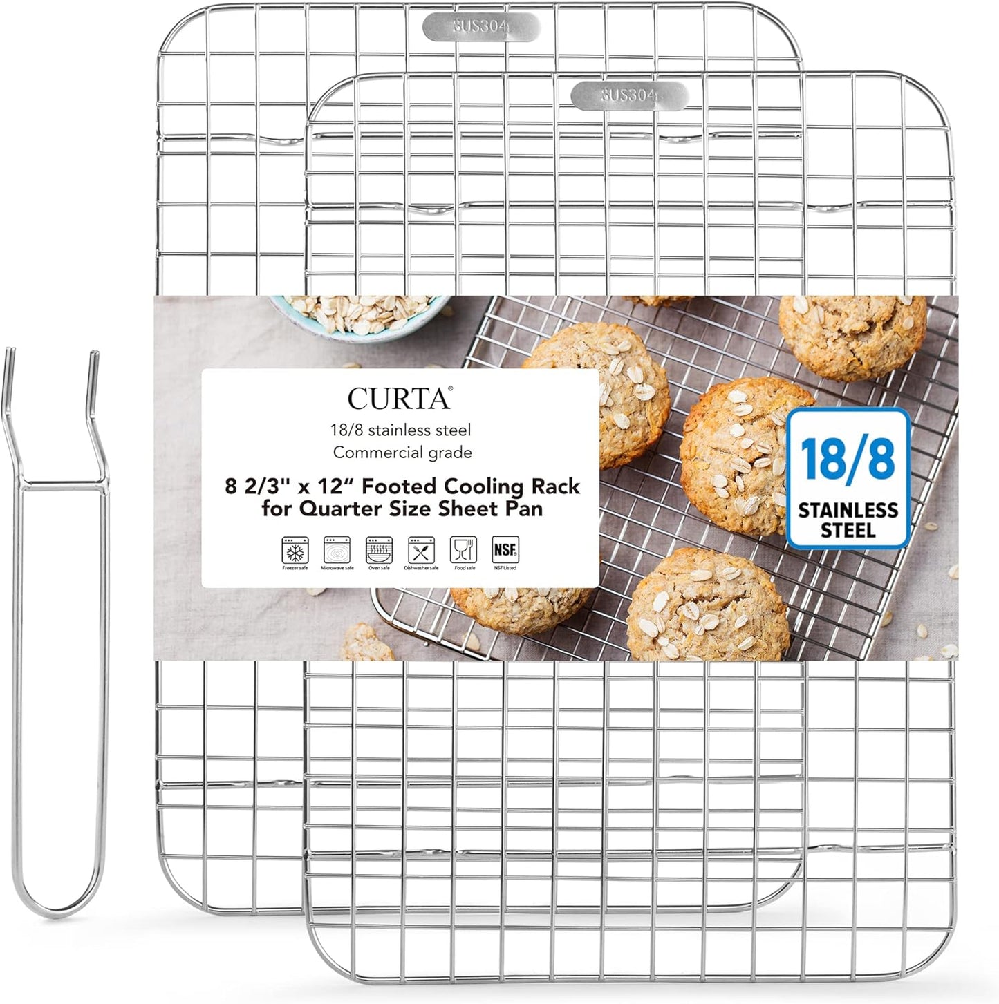 CURTA 2 Pack Chef Cooling Rack, NSF Listed 18/8 Stainless Steel Oven Safe Grid Wire Cookie Cooling Racks for Baking & Cooking - 12" X 8.7" Commercial Grade comes with Lifting Handle …
