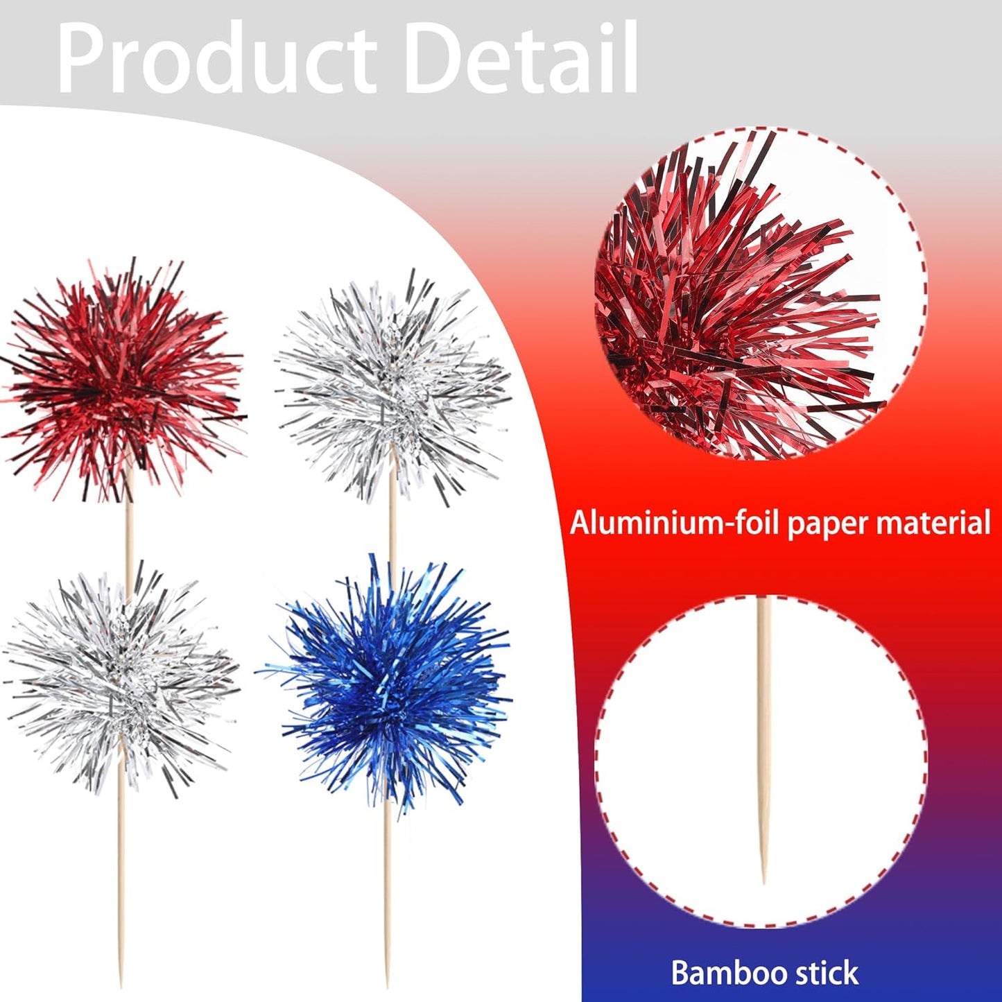 30 PCS Foil Firework Cupcake Toppers Sparkle Tinsel Cupcakae Picks 4th of July Decorations Cocktail Fruit Toothpick for Fireworks Theme Birthday Wedding Graduation Party Decor Supplies Blue Red Silver