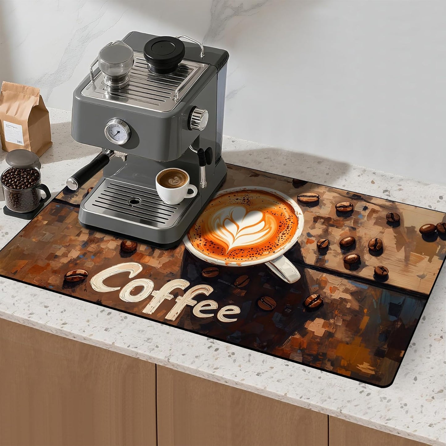 17"x 32" Coffee Bar Mat, Coffee Beans Absorbent Dish Drying Mat Cuttable Hide Stain Draining Table Pad for Kitchen Counter, Coffee Bar Accessories