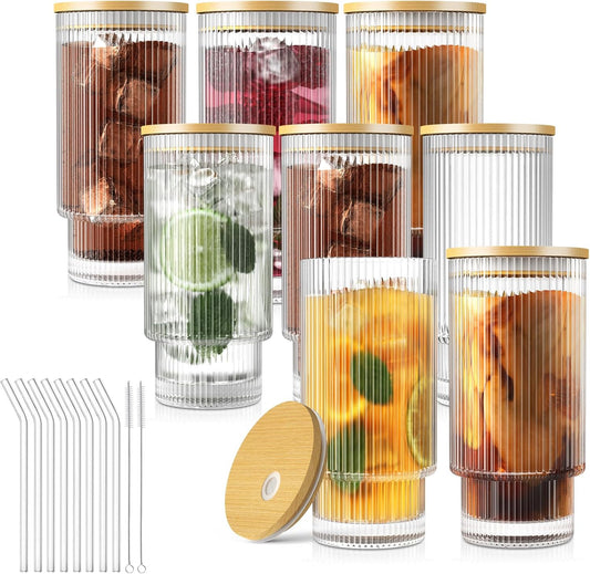 Glass Cups, 16OZ Vintage Glass Coffee Cups with Lids and Straws 8 Set, Vintage Glassware for Whiskey Cocktail Beer, Iced Coffee Cups with Lid, Glass Tumbler with Straw and Lid