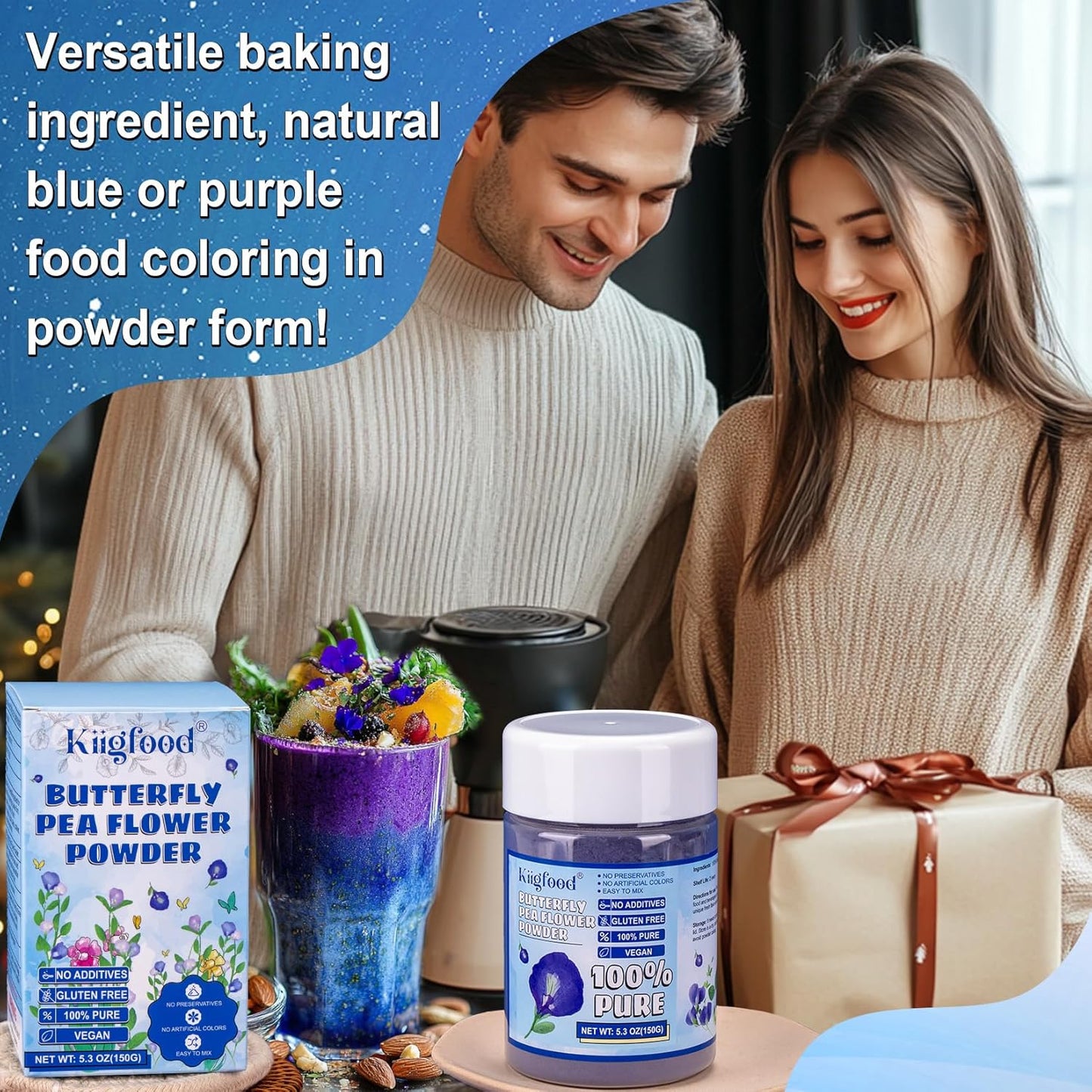 Butterfly Pea Flower Powder - Kiigfood 5.3 oz/150g Pure Natural Blue & Purple Food Coloring, Butterfly Pea Powder for Drinks, Smoothies, Cocktail, Baking, Pasta - Vegan, Gluten-Free, Non-GMO