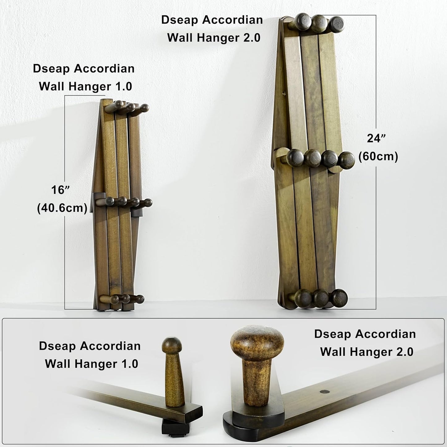 Dseap Expandable Coat Rack (Larger Version) - 24” High, Anti-Slip, Ultra Heavy Duty Wooden Accordian Wall Hanger with 10 Study Peg Hooks for Clothing Hats Jackets Bags, Dark Walnut