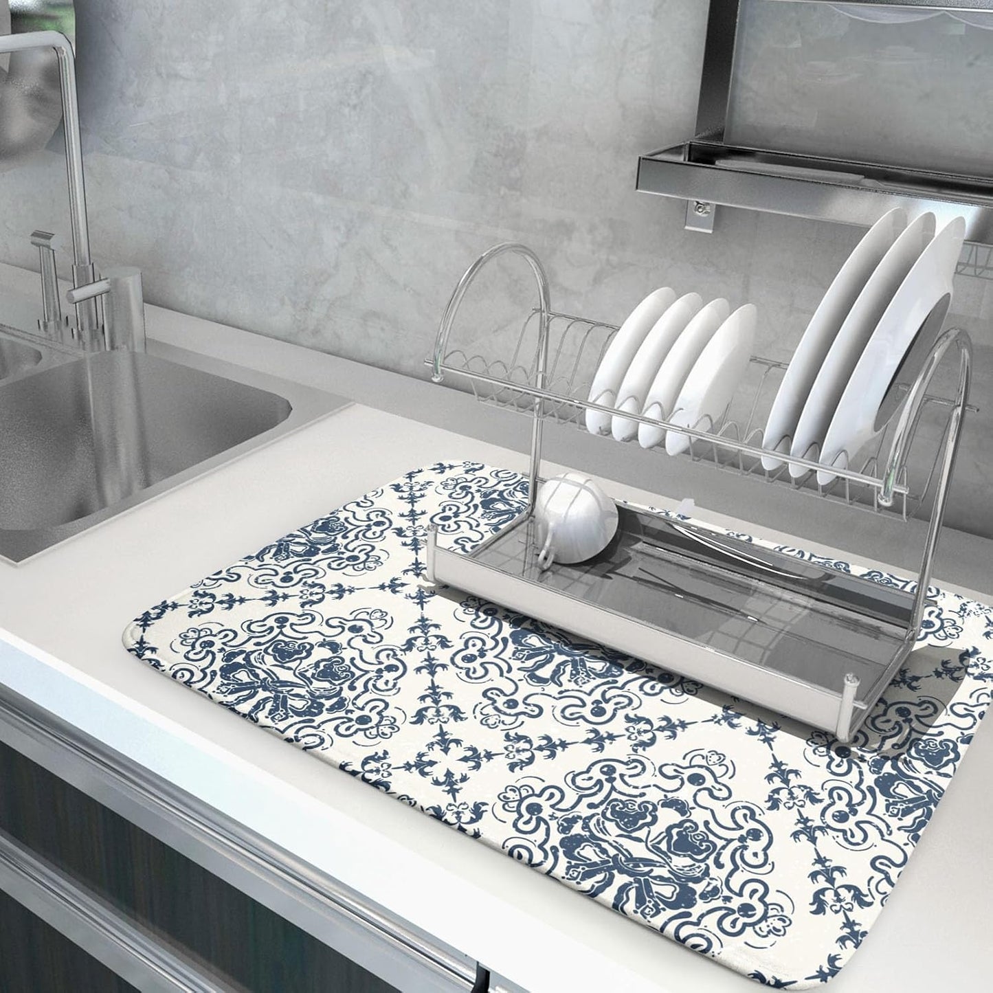 Bohemian Grey Retro Dish Drying Mat for Kitchen Counter,Boho Abstract Flower Art Drying Mat 18 x 24 Inch Microfiber Dish Drying Pad Dish Rack Pad Drainer Mat for Coffee Bar