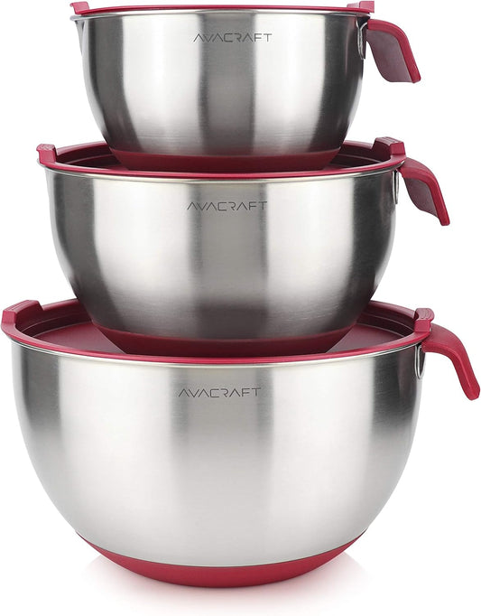 AVACRAFT 18/10 Stainless Steel Mixing Bowls with Lids, non slip silicone base bowls with Handle, Mixing Bowl Set with Pour Spouts & Measurement Marks, Home Essentials Cooking Bowls, (Red)