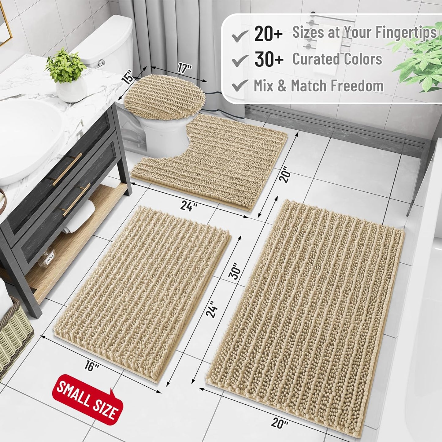 Arotive Luxury Chenille Bathroom Rug Mat, Extra Soft Thick Absorbent Shaggy Bath Rugs, Non-Slip Machine Wash Dry, Plush Bath Mats for Bathroom, Shower and Tub, 60x20, Beige