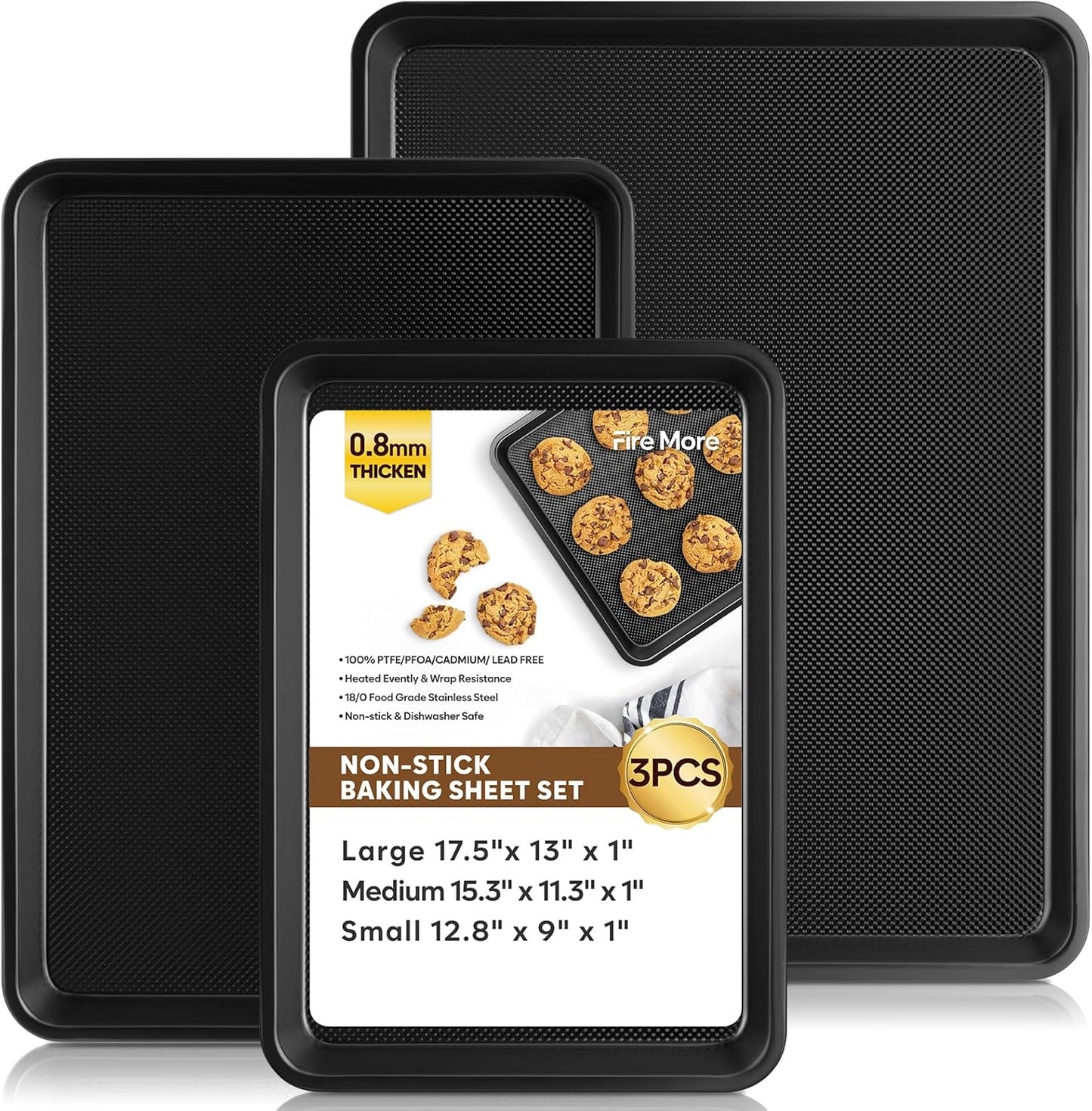 Baking Sheet Pan Set of 3, Thicker Carbon Steel Cookie Sheets for Baking Non Stick with Diamond Texture Pattern, Ceramic Half/Quarter/Jelly Roll Baking Trays for Oven