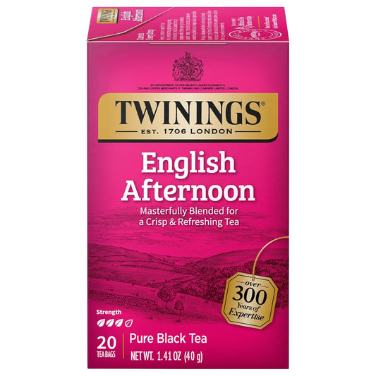 Twinings English Afternoon Black Tea Individually Wrapped Bags, 20 Count (Pack of 1), Smooth & Slightly Sweet, Caffeinated, Enjoy Hot or Iced, 20 Teabags