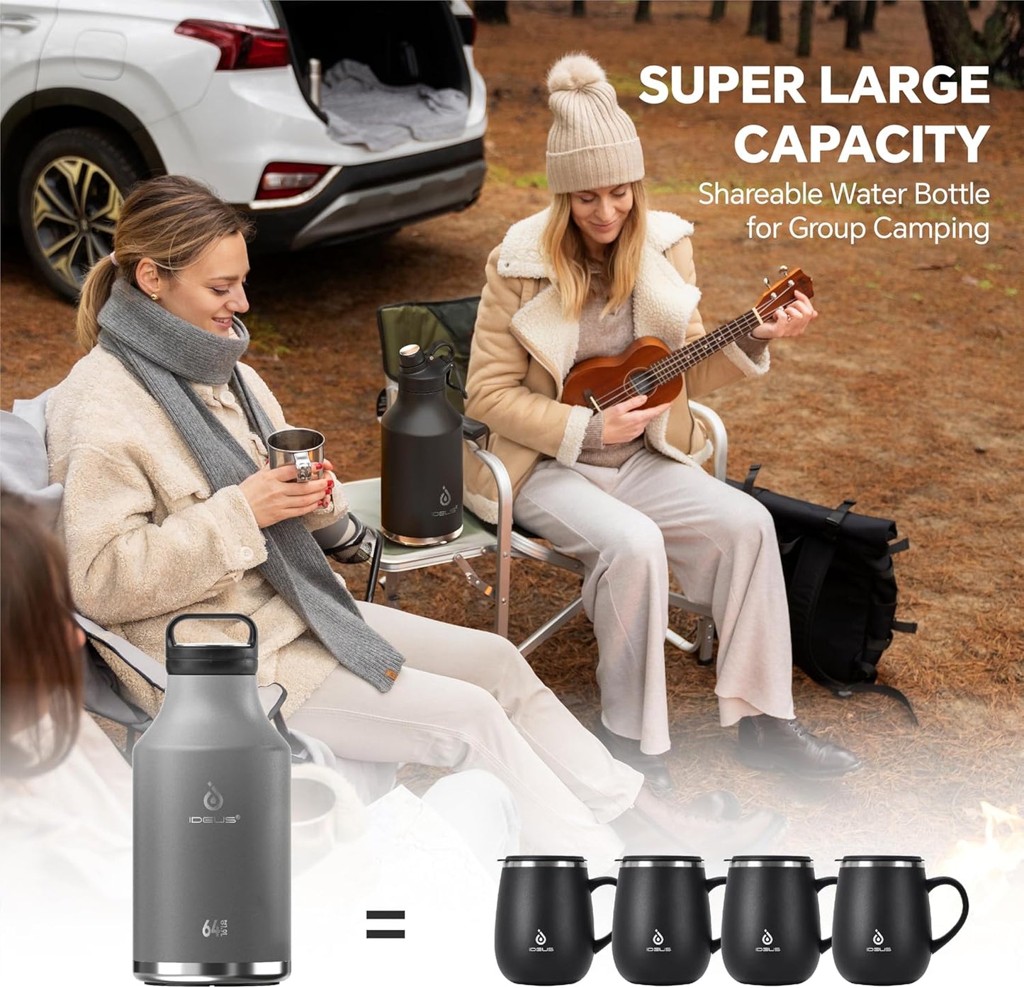 IDEUS Insulated Stainless Steel Water Bottle with 2 Leak-Proof Lids, Thermal Water Flask for Hiking Biking, 64oz, Bright Blue