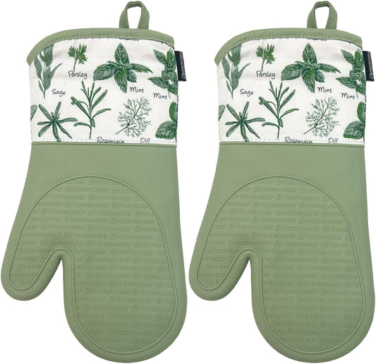 Delaney Silicone Oven Mitts Set - Extra Long, Heat Resistant Kitchen Gloves, Non-Slip Holders for BBQ, Baking, Cooking Essentials, Sage & Herbs, Kitchen Decor, Oven Gloves, New Home Gifts