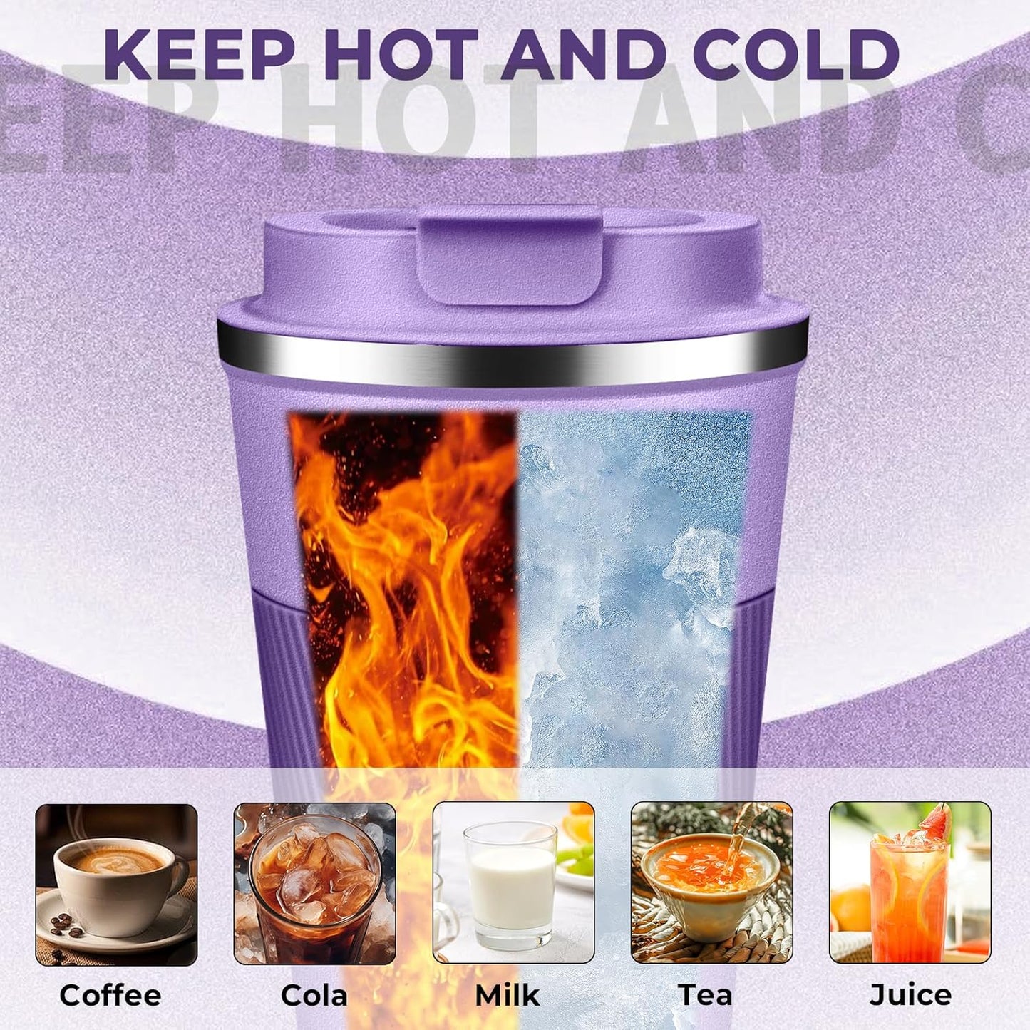 Insulated Coffee Tumbler 12 oz, Stainless Steel Coffee Mug with Lids, Travel Coffee Mug Leak Proof, Double Wall Vacuum Insulated Reusable Coffee Cup, Keep Drinks Hot and Cold (Lavender, 12 Ounces)