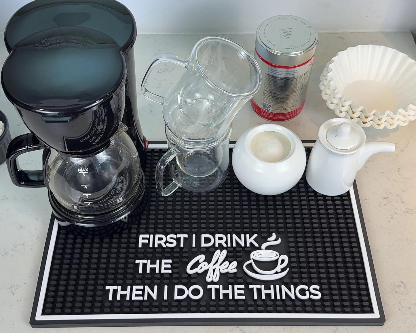 Coffee Matt for Counter First I Drink The Coffee Then I Do The Things 18x12 in, Non-Slip Silicone Espresso Maker Mat for Countertops, Aloha, Hawaiian and Luau Tiki Bar Decor and Tiki Decorations