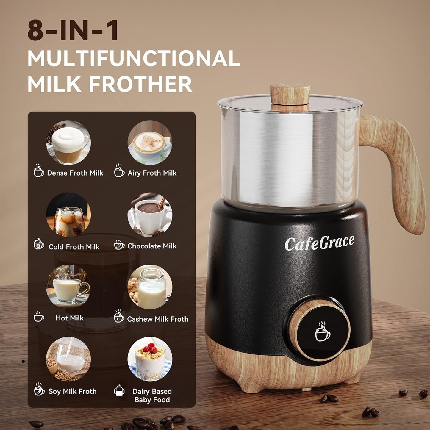 8-IN-1 Milk Frother and Steamer, 21oz/600ml Split Stainless Steel Automatic Hot and Cold Foam Maker and Milk Steamer for Latte, Cappuccino, Macchiato, Hot Chocolate, Hot Milk