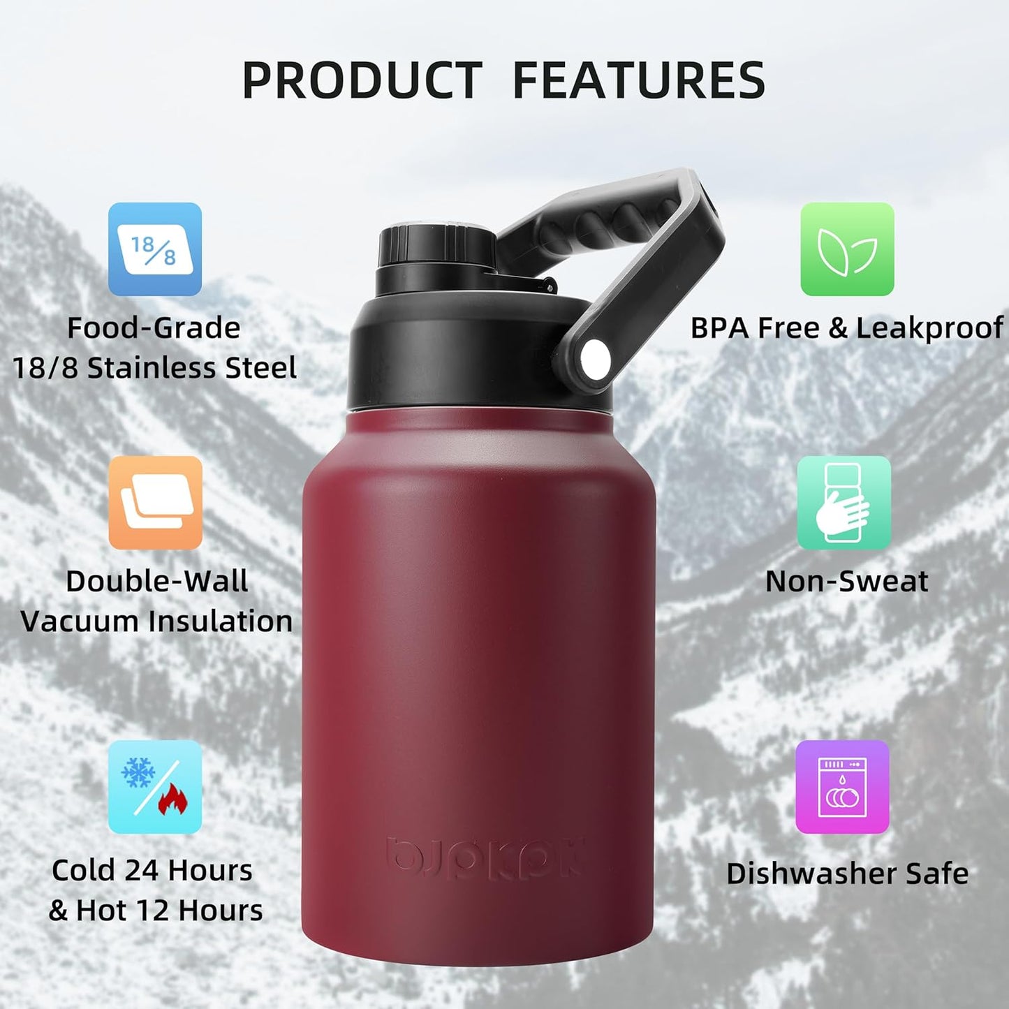 BJPKPK 64 oz Insulated Water Bottle, Dishwasher Safe Half Gallon Water Bottle with Ergonomic Handle, BPA Free Leak Proof Water Jug for Sports, Metal Thermos with Anti-slip Bottom, Brick Red