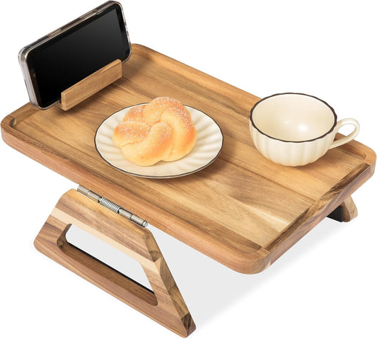 Acacia Wood Sofa Armrest Tray-15.4 x 9.84 in Double Hinge Sofa Arm Tray Table Clip-Couch Arm Table-Wooden Side Tables for Eating (Acacia,15.4" D x 9.84" W x 5.7" H)(Light Natural)