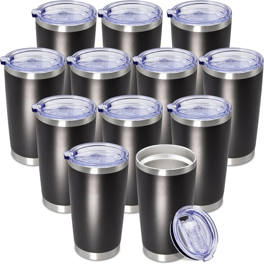 20 oz Tumbler Coffee Tavel Tumblers Bulk with Lid Stainless Steel Double Wall Vacuum Insulated Mug Powder Coated Cups fit Car Cupholder for Hot and Cold - Black, 12Pack