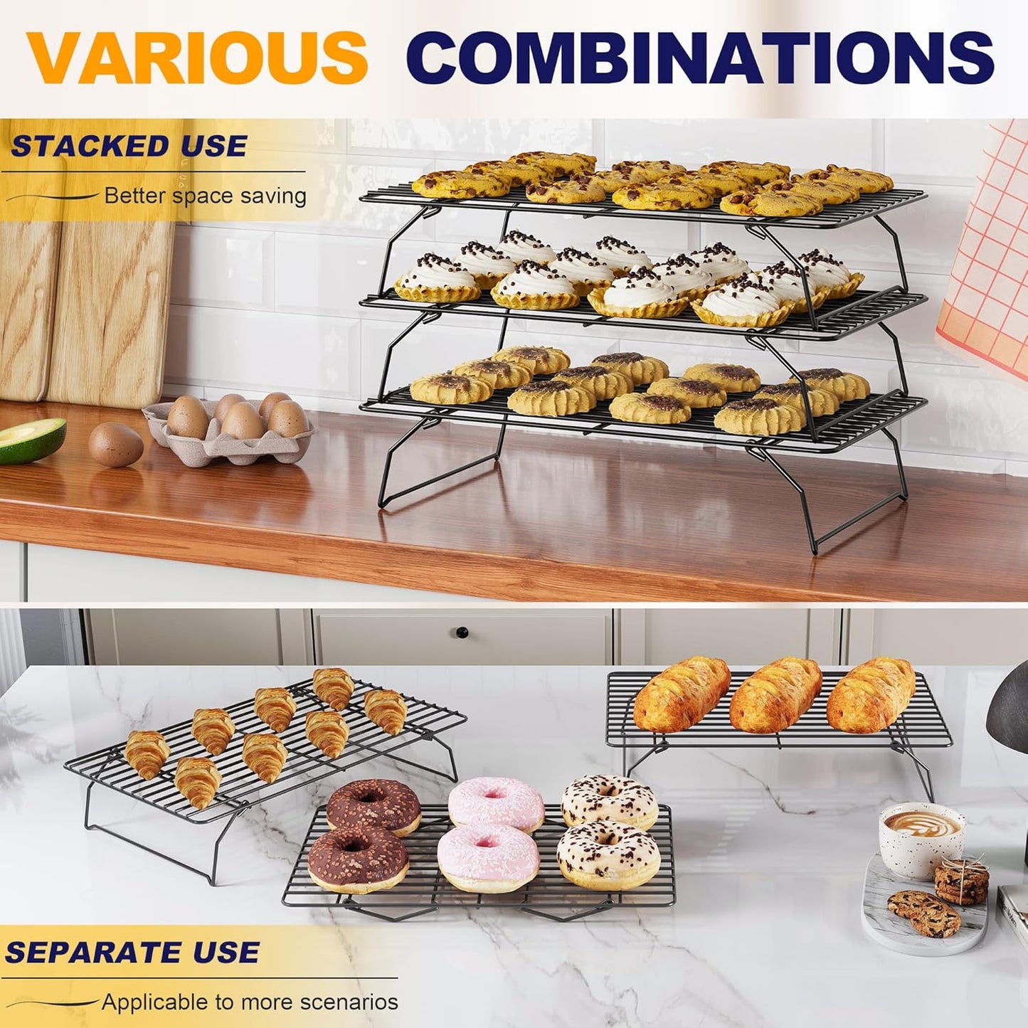 3 Tier Stackable Cooling Rack for Batch Cooling Cookie, Pizza, Cake-15.8”x 10”- Heavy Duty Cooling Racks for Cooking and Baking, Oven and Dishwasher Safe Baking Supplies-Black