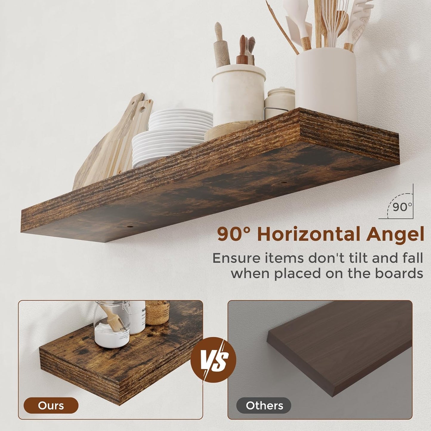 Heimlove 36 Inch Floating Shelves for Wall 8 Inch Deep Rustic Brown Shelves Set of 2,Wall Mounted Rustic Wood Long Floating Shelf with Invisible Brackets for Bedroom Kitchen Living Room