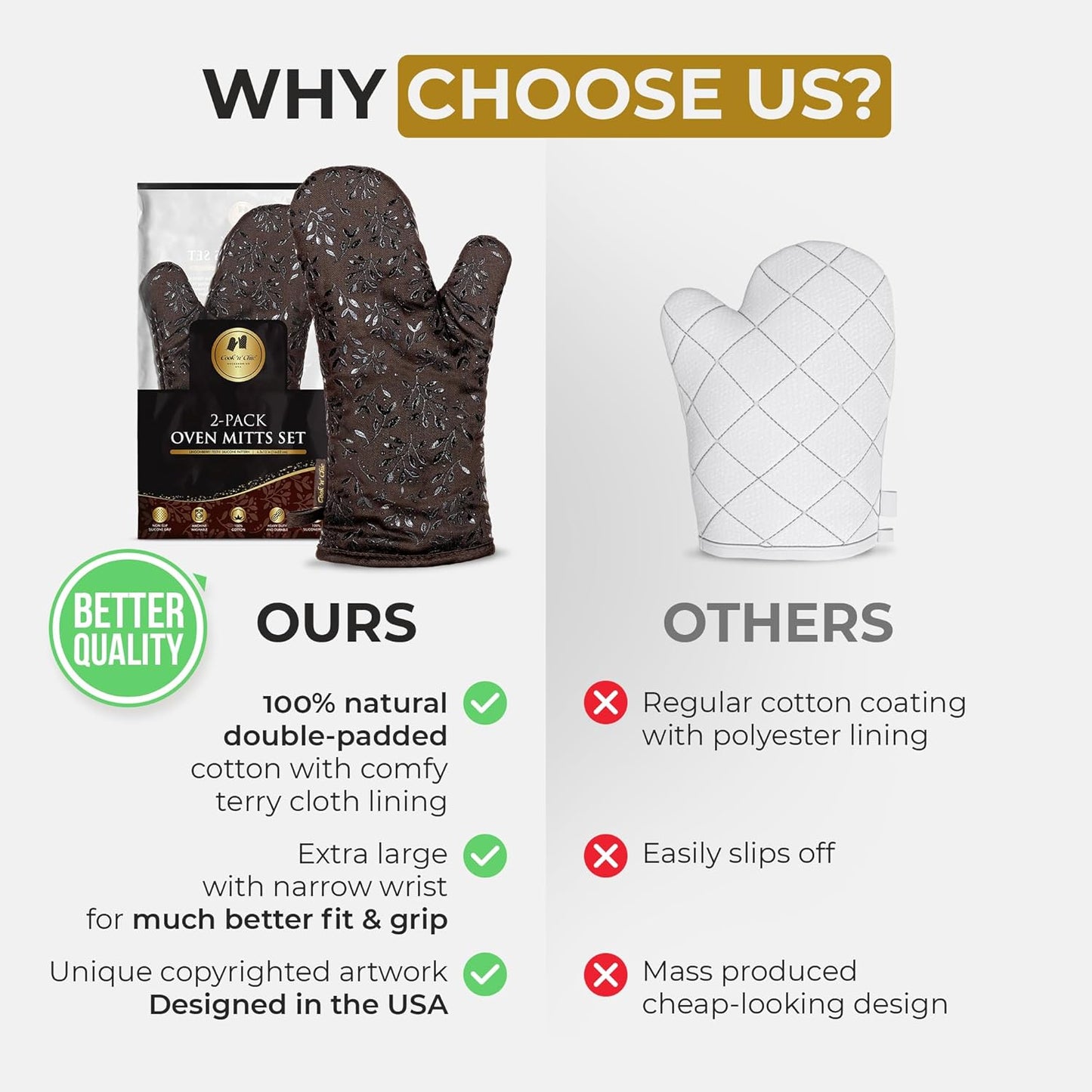 Premium Heat-Resistant Oven Mitts - Stylish and Beautiful - Non-Slip Platinum Silicone Grip - Long and Thick - 100% Natural Cotton Exterior and Soft Terry Cloth Lining - Set of 2 by Cook'n'Chic