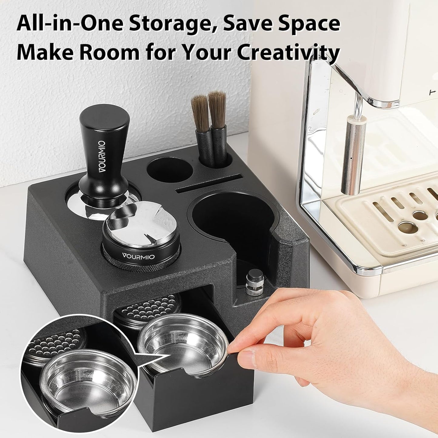 Espresso Tamping Station - 7 in 1 Espresso Coffee Organizer Box Fits for Storage 51/54/58MM Espresso Tamper, Distributor, Portafilter and Puck Screen Accessories, Plastic Tamp Station, Black