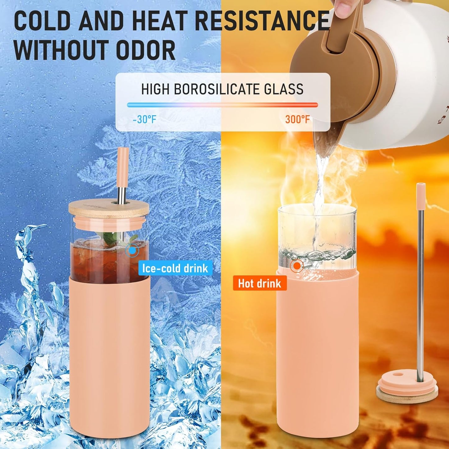 Glass Tumbler w/Lids & Straw - 24oz Reusable Mug w/Bamboo Lid & Stainless Steel Straw - BPA-Free, Leak-Proof, Dishwasher Safe for Coffee, Smoothies, Hot Beverages, Travel, Office, Home Use，4-PK