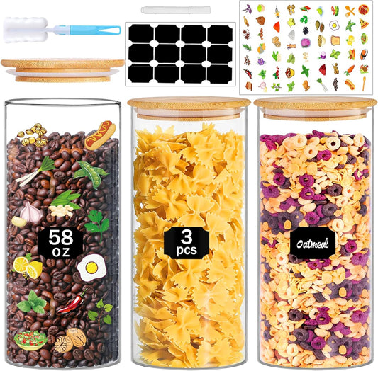 Glass Jars with Bamboo Lids, 58 oz 3 Pcs Kitchen Glass Containers with Bamboo Lids, Airtight Glass Pantry Storage Containers with Lids for Rice, Flour, Nuts, Cookie, Pasta, Oatmeal, Bean