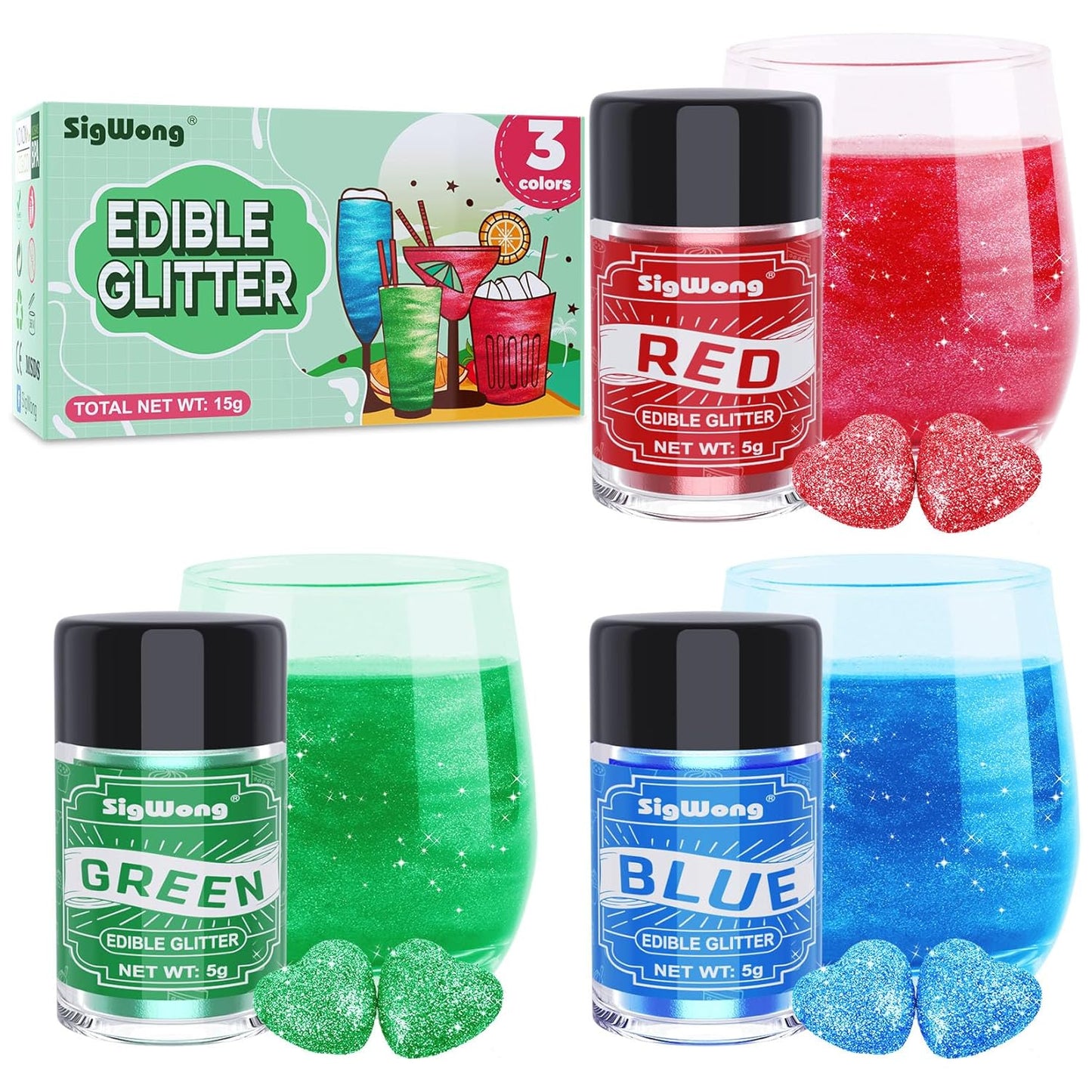 Edible Glitter Set, 3 Colors Luster Dust Edible Glitter, Food Grade Metallic Food Decorating Sprinkle Dust for Drinks Wine, Powder Glitter for Fondant, Chocolate, Candy, Cookie, 5g/0.18oz, Vegan
