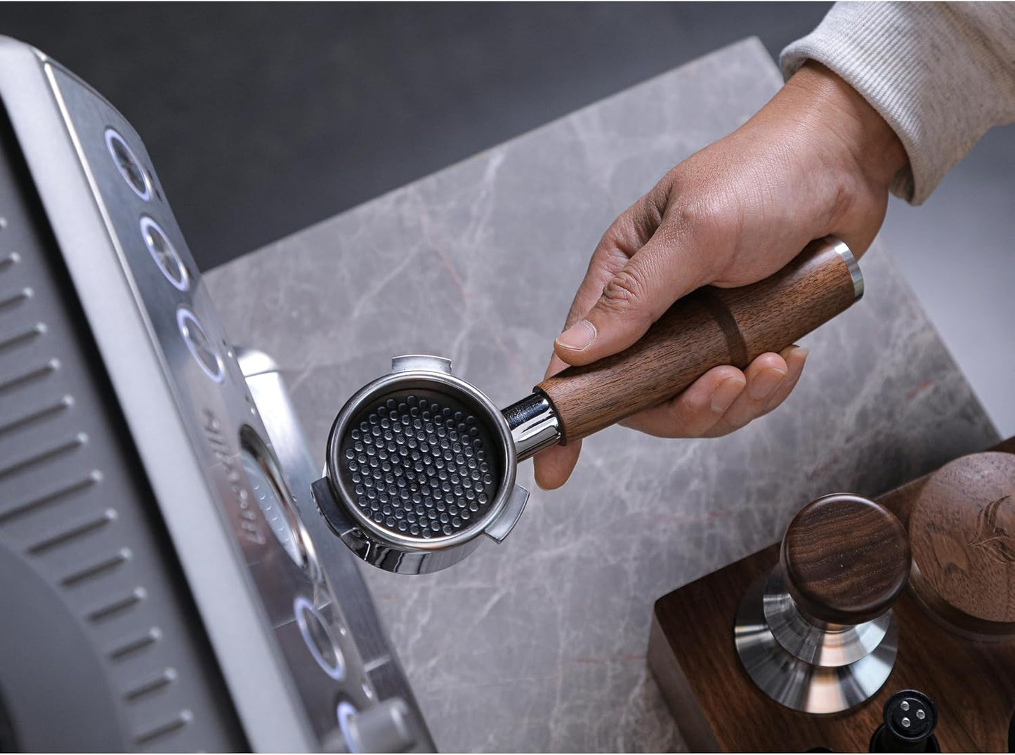 Espresso Tools Kit for Breville 54mm Machines – Walnut Handle Naked Portafilter, Spring Tamper, Coffee Leveler, Dosing Ring, Puck Screen & WDT Needle Tool