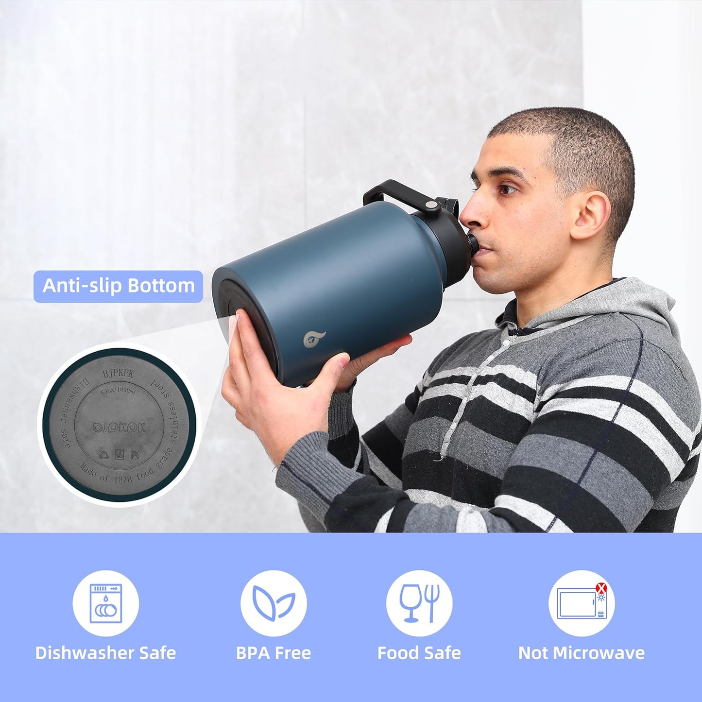 BJPKPK 64 oz Insulated Water Bottle, Dishwasher Safe Half Gallon Water Bottle with Ergonomic Handle, BPA Free Leak Proof Water Jug for Sports, Metal Thermos with Anti-slip Bottom, Brick Red