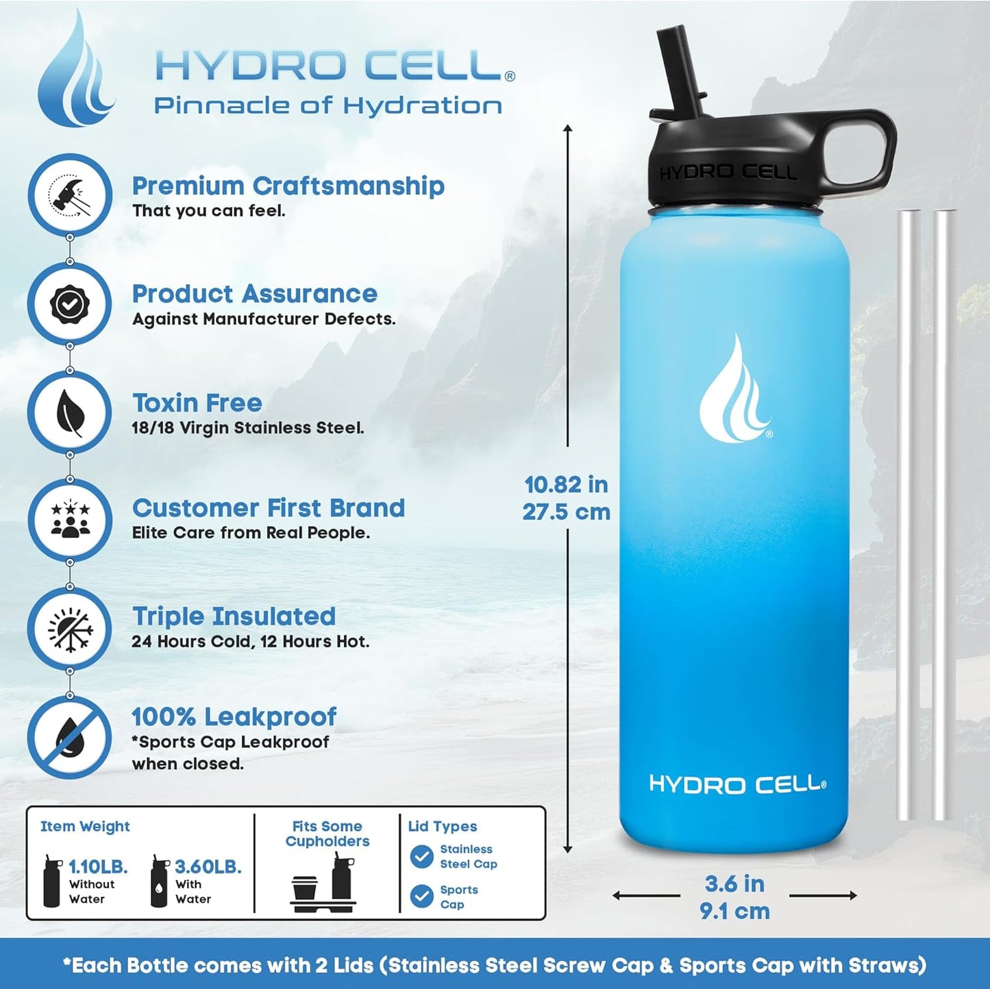 HYDRO CELL Stainless Steel Insulated Water Bottle with Straw - For Cold & Hot Drinks - Metal Vacuum Flask with Screw Cap and Modern Leakproof Sport Thermos for Adults (Sky/Blue 40oz)