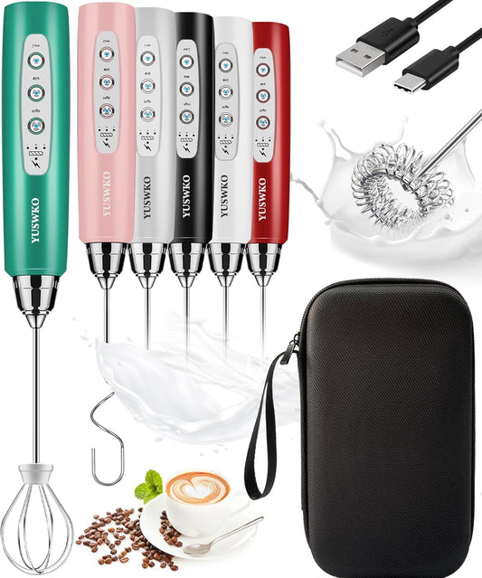 YUSWKO Rechargeable Milk Frother for Coffee, Handheld Drink Mixer with 3 Heads 3 Speeds, Ideal Coffee Frother Wand for Travel - Green