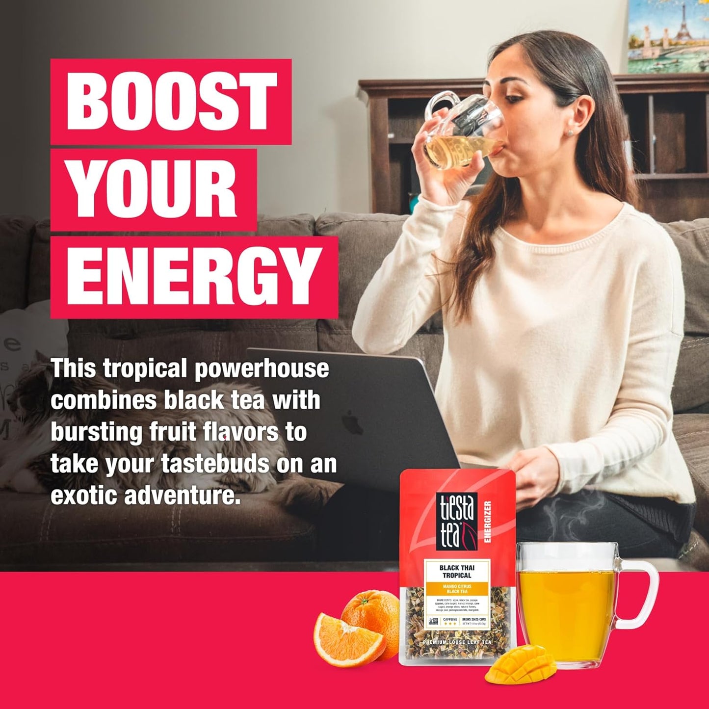 Tiesta Tea - Black Thai Tropical, Loose Leaf, Mango Citrus Black Tea, Premium Blend, High Caffeinated, Make Hot or Iced & Brews Up to 25 Cups, 1.9oz Resealable Pouch