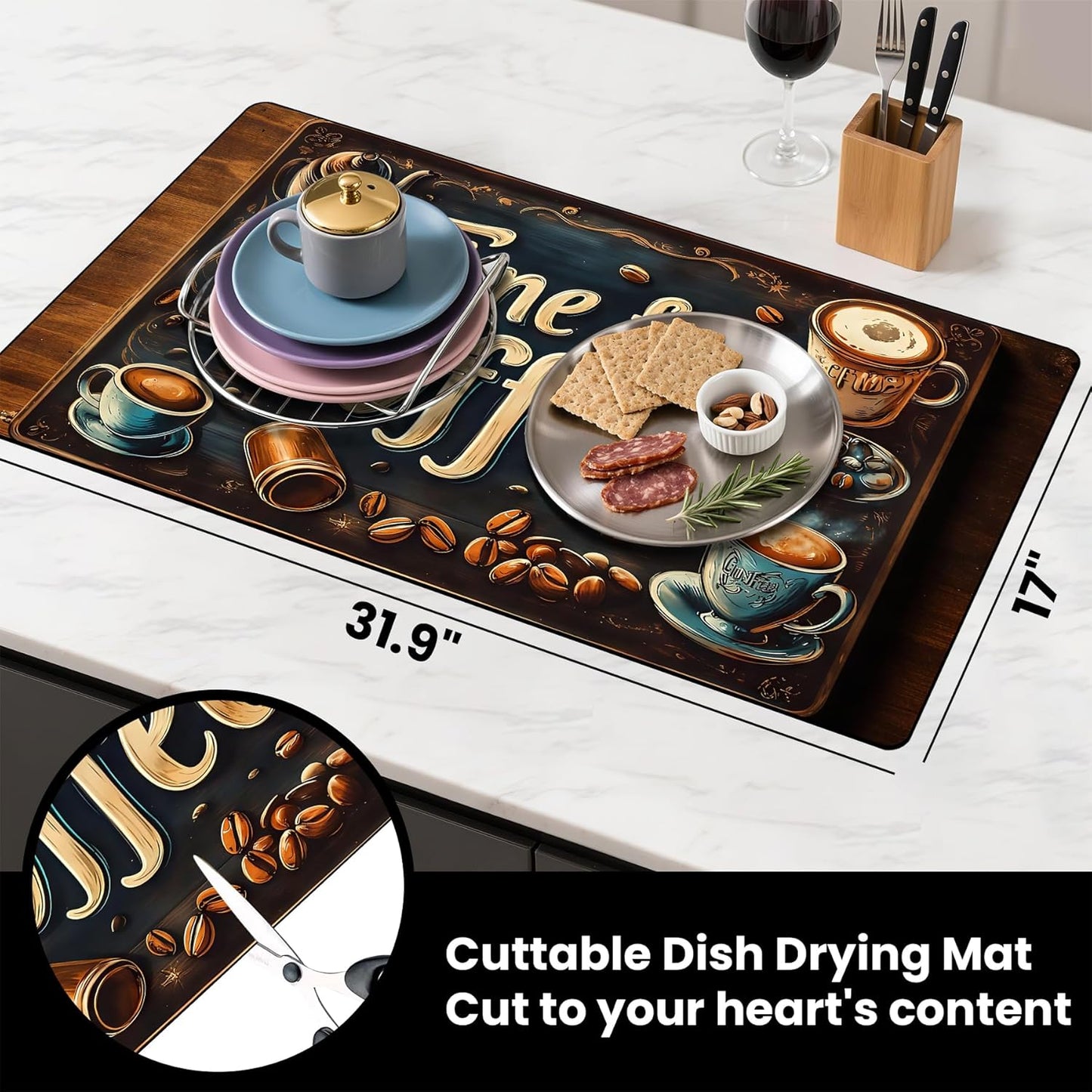 17"x 32" Coffee Bar Mat, Coffee Time Absorbent Dish Drying Mat Cuttable Hide Stain Draining Table Pad for Kitchen Counter, Coffee Bar Accessories