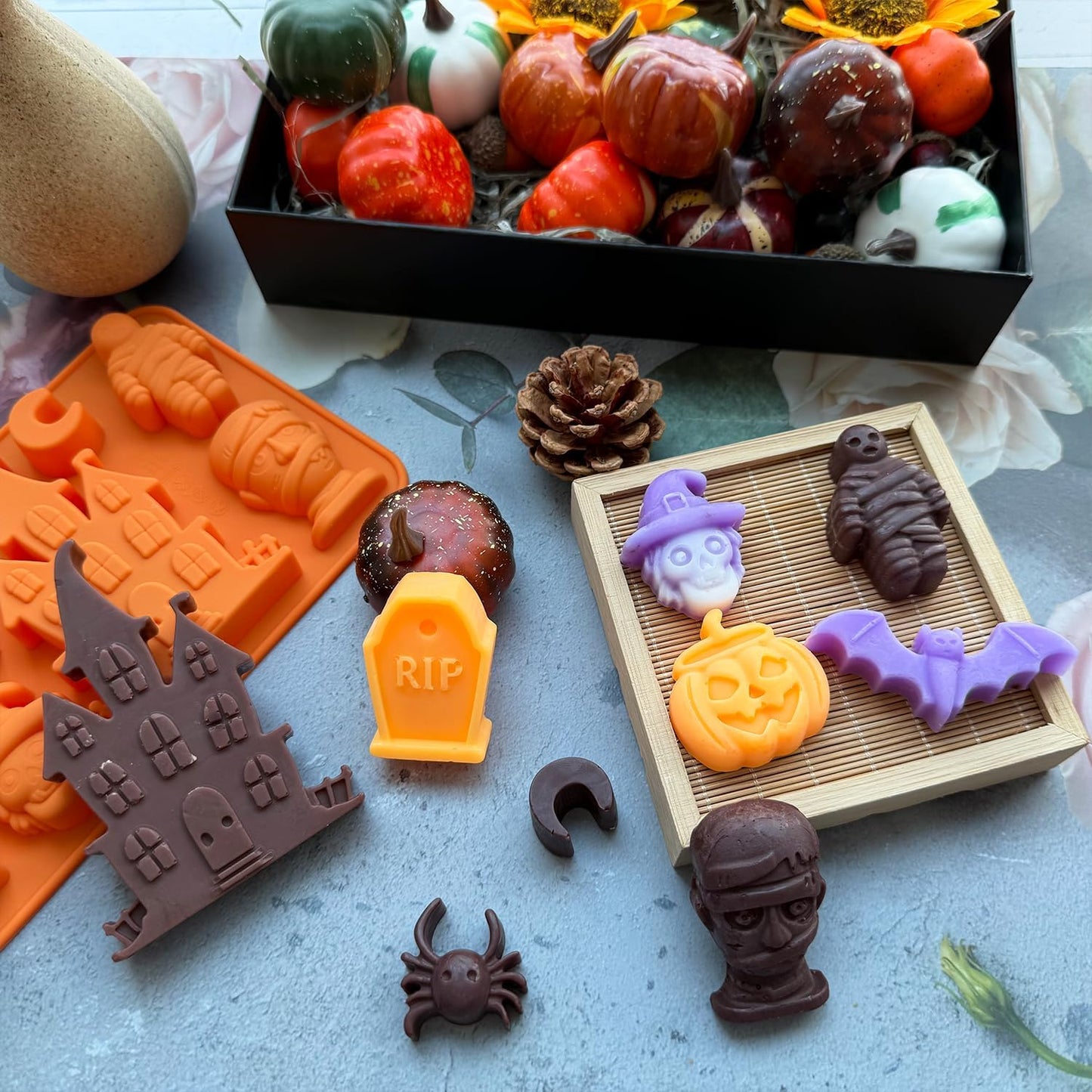 2 Pack Halloween Chocolate Candy Silicone Mold Halloween Molds Castle Pumpkin Tombstone Skull Witch Hat Gummy Jello Baking Mold for DIY Ice Cube Sugar Halloween Party Cupcake Topper Cake Decorating