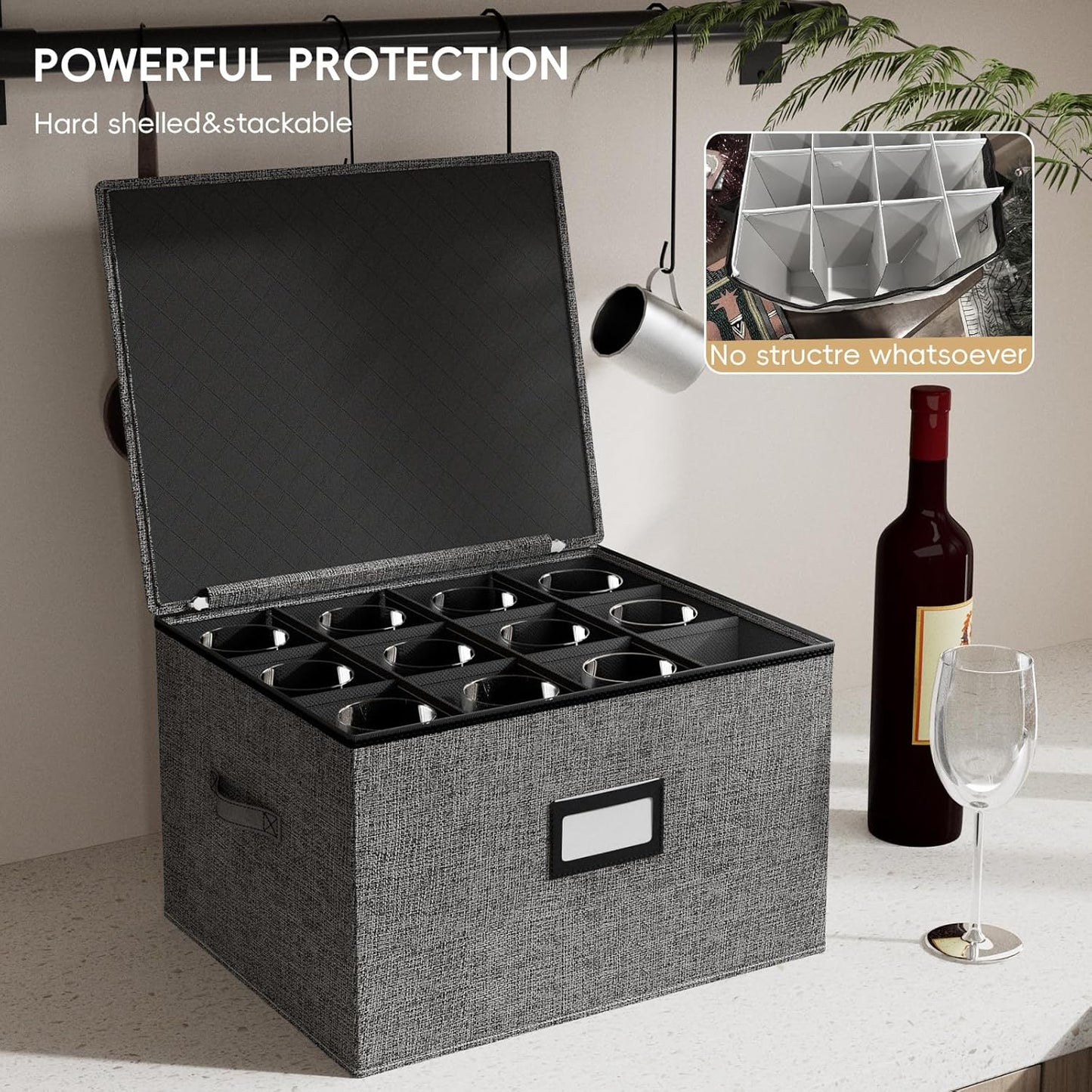 homyfort Wine Glass Storage Box, China Storage Containers with Dividers, Stemware Storage Case Holds 24 Wine Glass or long stem Crystal Glassware with Handles, Hard Shell and Stackable