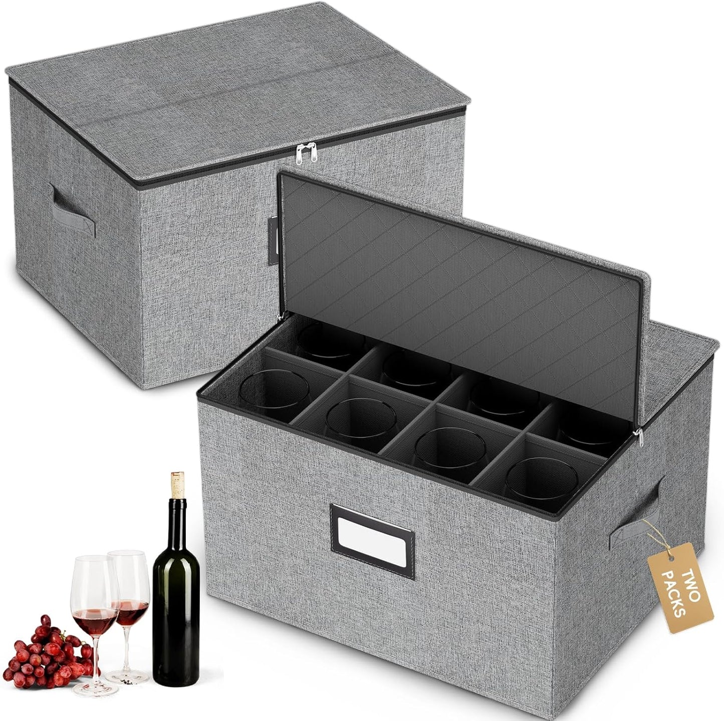 homyfort Wine Glass Storage Box, China Storage Containers with Dividers, Stemware Storage Case Holds 24 Wine Glass or long stem Crystal Glassware with Handles, Hard Shell and Stackable