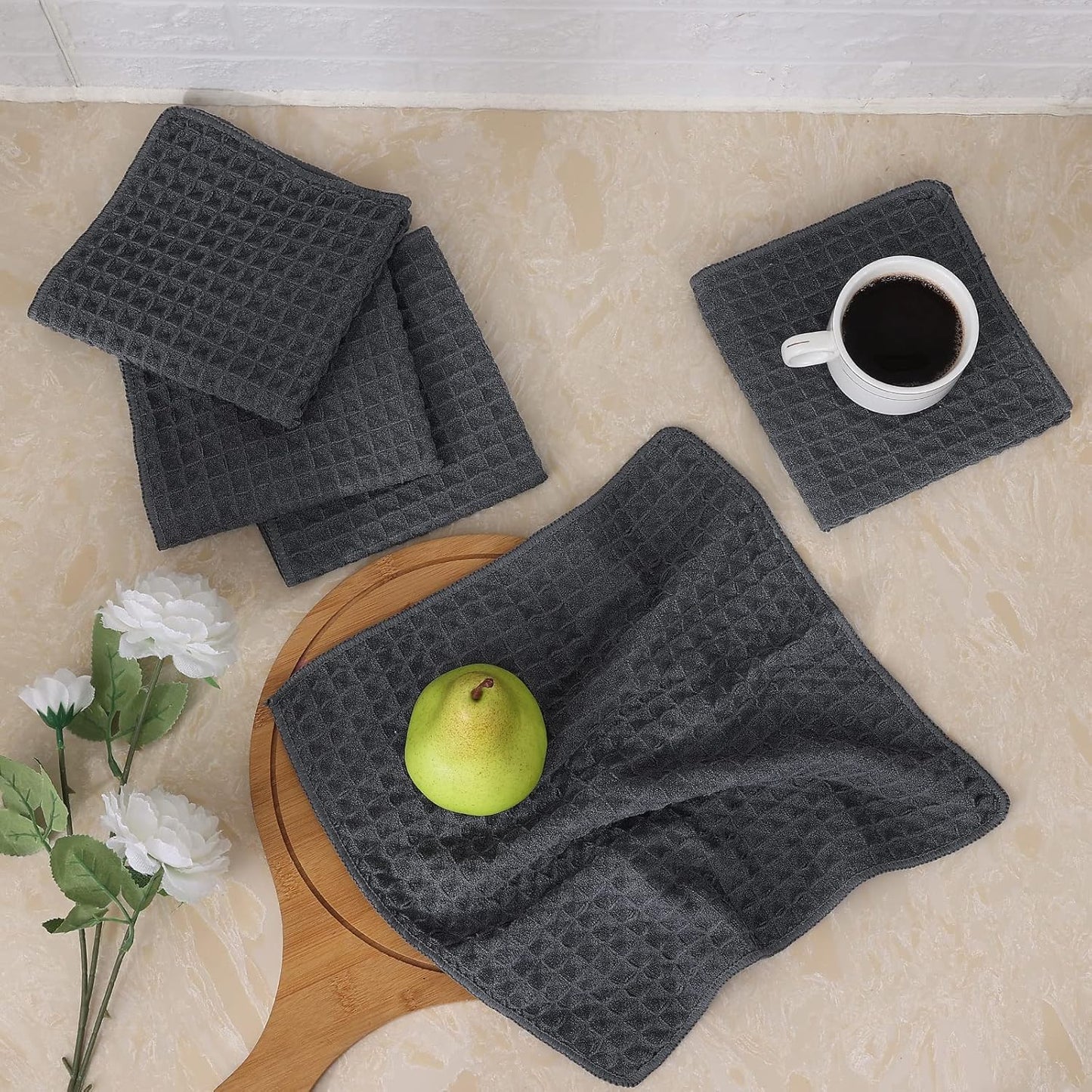 Homaxy Microfiber Waffle Weave Kitchen Dish Cloths, 12 x 12 Inch Ultra Absorbent and Solid Color Dish Towels for Kitchen Fast Drying Dishcloth for Washing Dishes, 6 Pack, Dark Grey