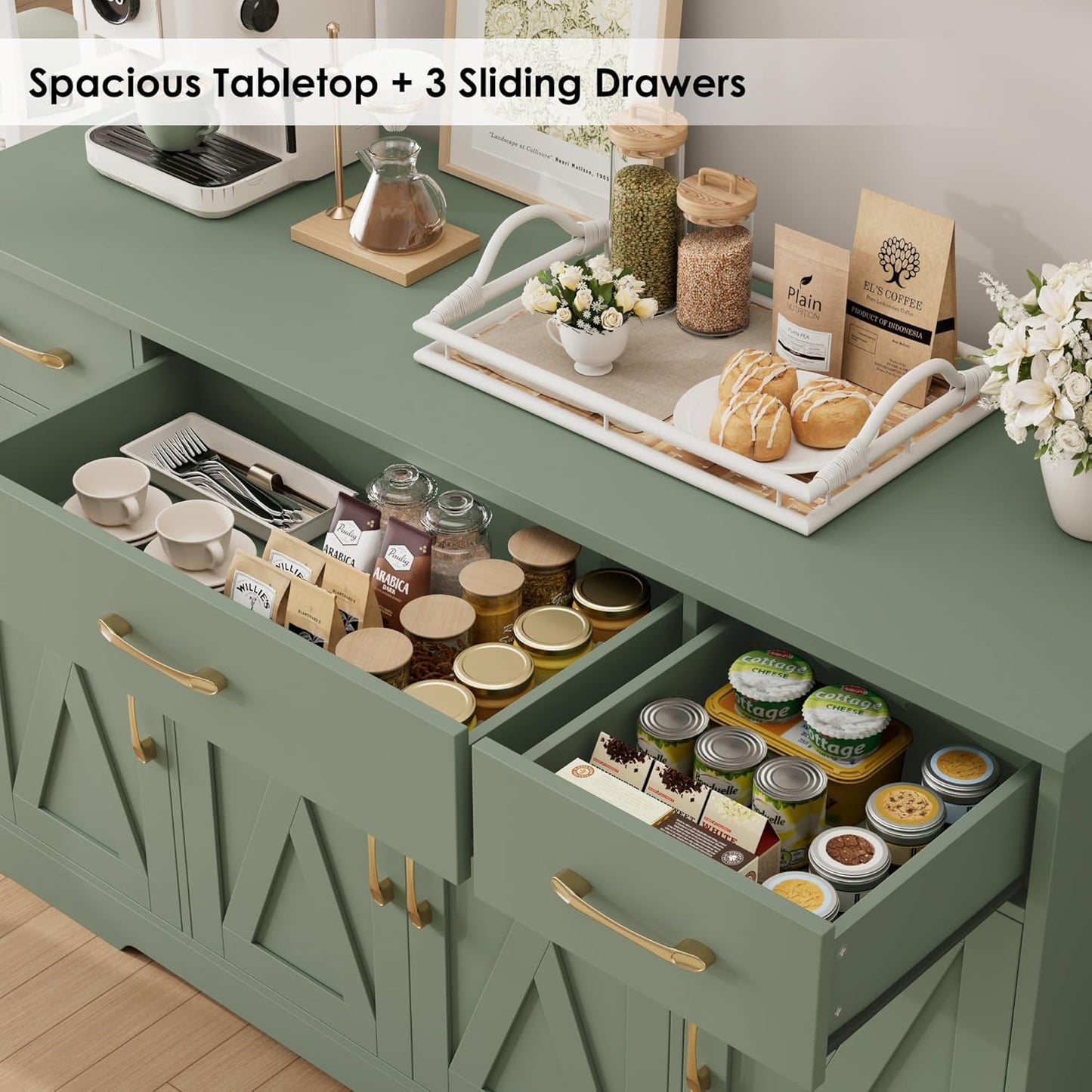 HOSTACK Buffet Sideboard Cabinet with Drawers, 55" Large Buffet Storage Cabinet with Shelves and Doors, Modern Farmhouse Coffee Bar Station for Kitchen, Dining Room, Green