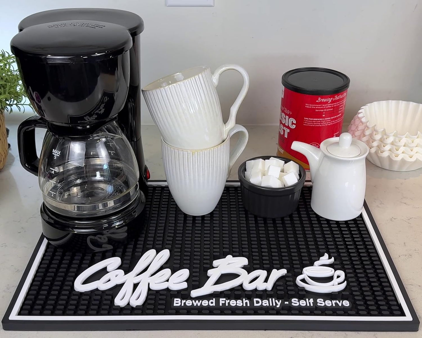 Coffee Station Mat Brewed Fresh Daily Self Serve Coffee Bar Matt for Countertop, Large 18 x 12 in Mats for Kitchen Decor and Accessories Sign for Kitchen, Tiki Decor and Bar Matts for Bartending