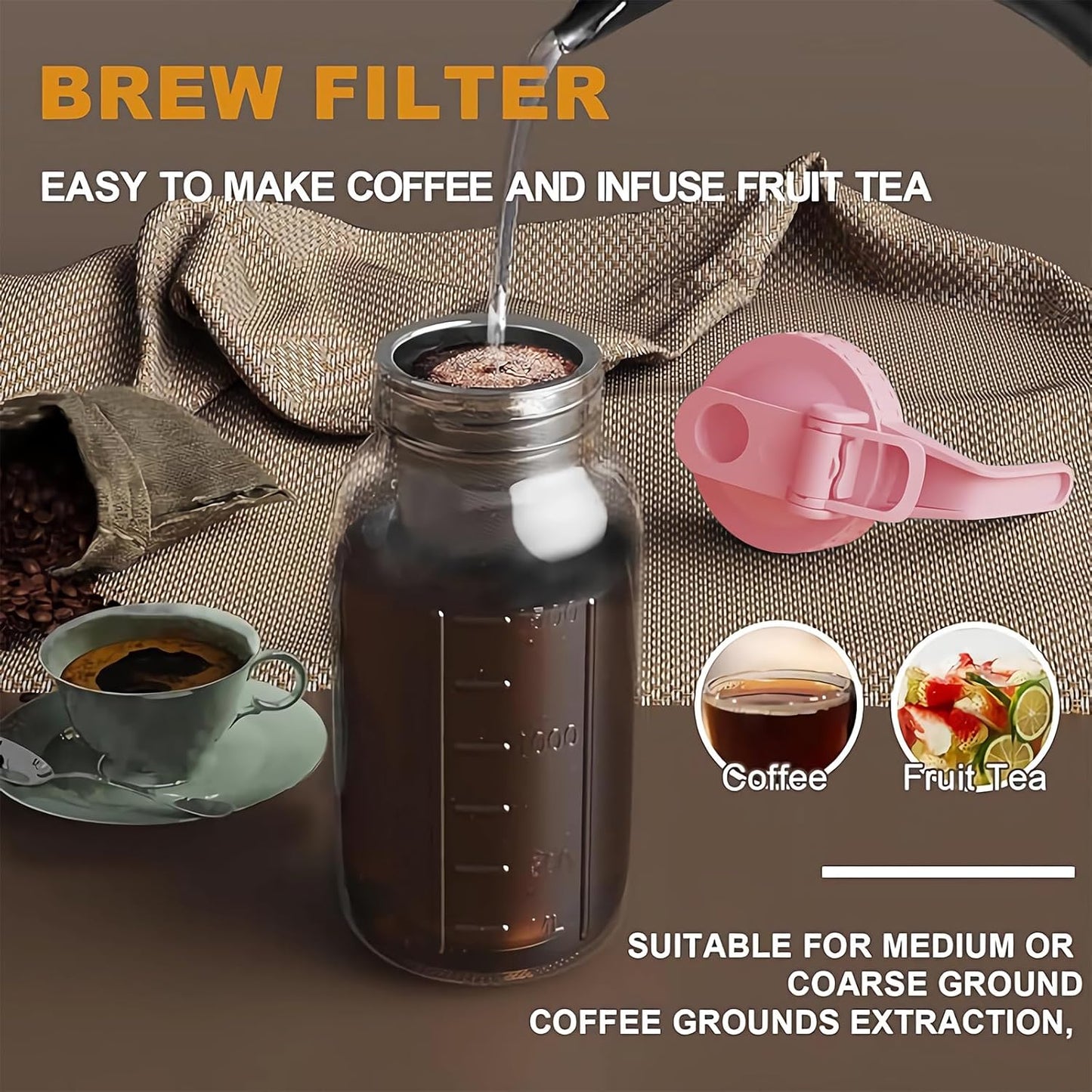 Cold Brew Coffee Maker Jar - 64oz Thick Glass Multipurpose Mason Pitcher Spout Lid with Handle & Stainless Steel Filter for Iced Coffee, Lemonade, Ice Tea, Homemade Fruit Drinks Container