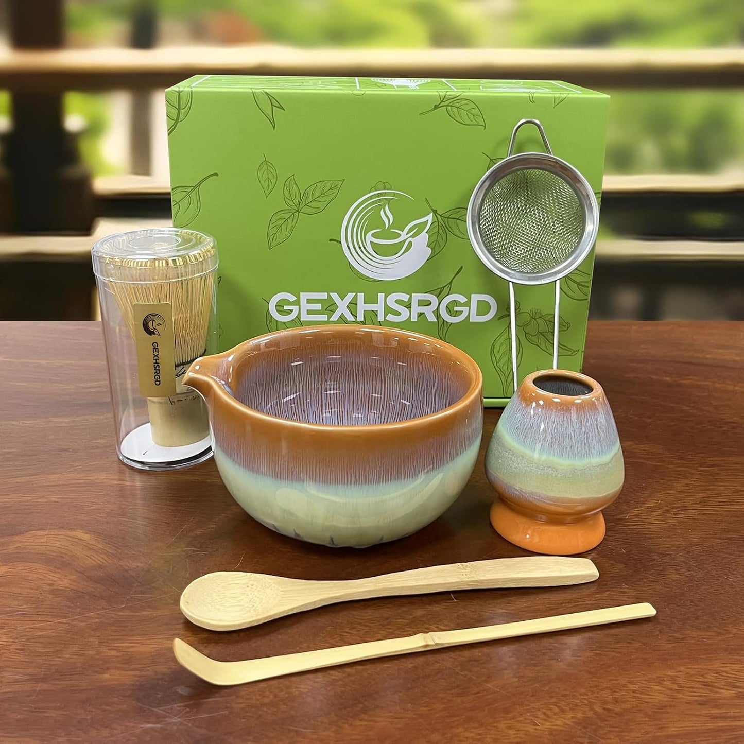 Matcha Whisk Set,6Pcs Matcha Kit Includes Matcha Whisk and Holder,Matcha Bowl with Spout,Matcha Sifter and 2Pcs Matcha Spoon,Suitable as a gift for those who like matcha (Gradient Orange)
