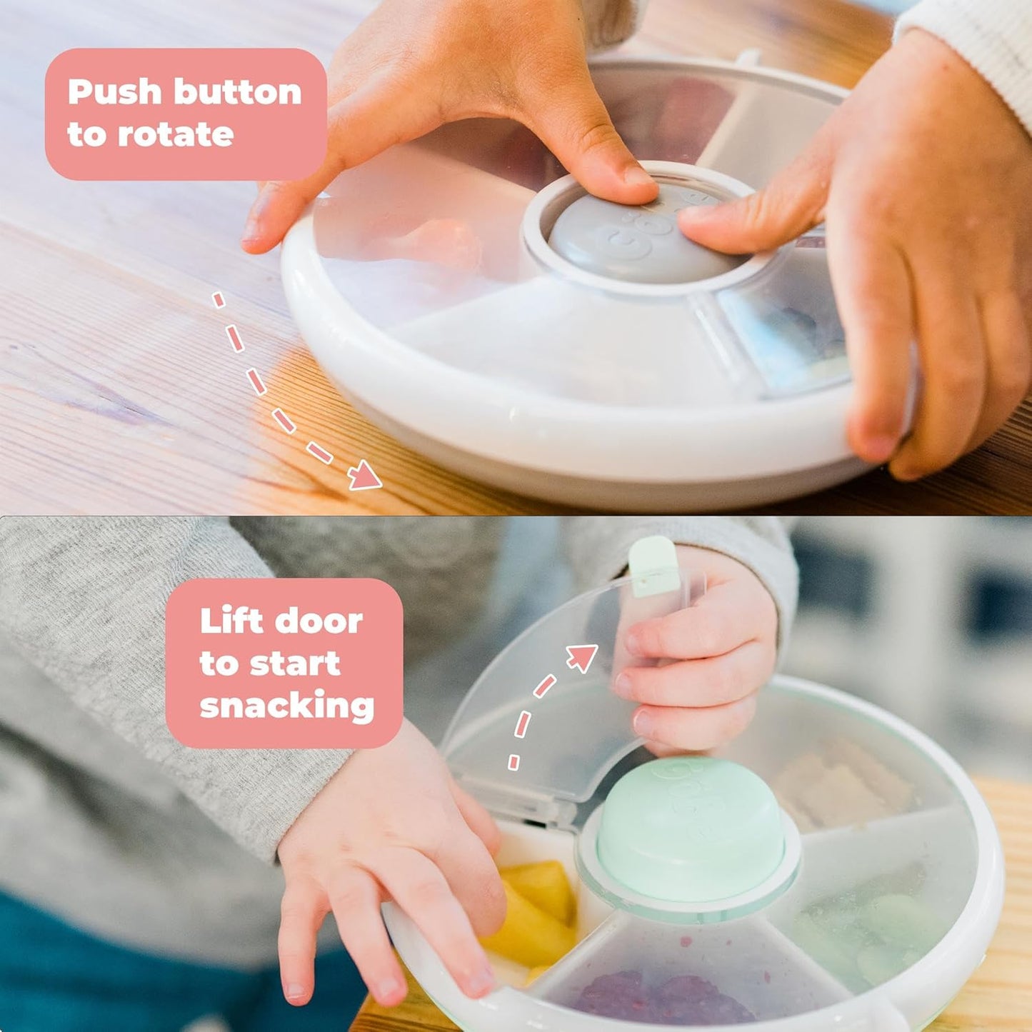 GoBe Kids Small Snack Spinner Flip Bundle with Hand Strap and Sticker Sheet - Reusable Snack Container with 5 Compartment Dispenser and Lid | BPA/PVC Free | Dishwasher Safe | No Spill- Macaron Blue