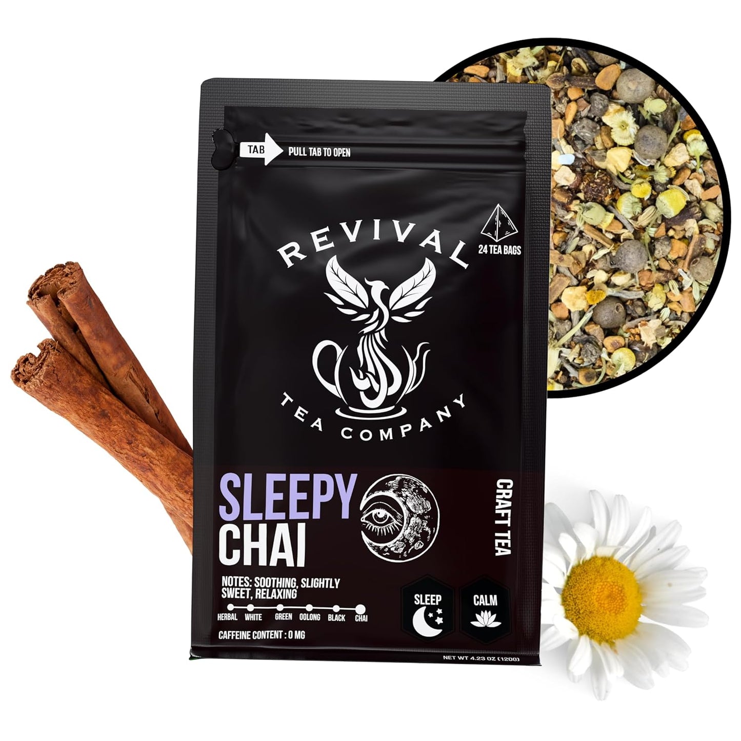 Revival Tea Company Sleepy Chai Tea - Rooibos Chai Tea Red Tea Blend with Valerian Root and Fresh Spiced Chai Flavor - Caffeine Free - 24 Tea Bags